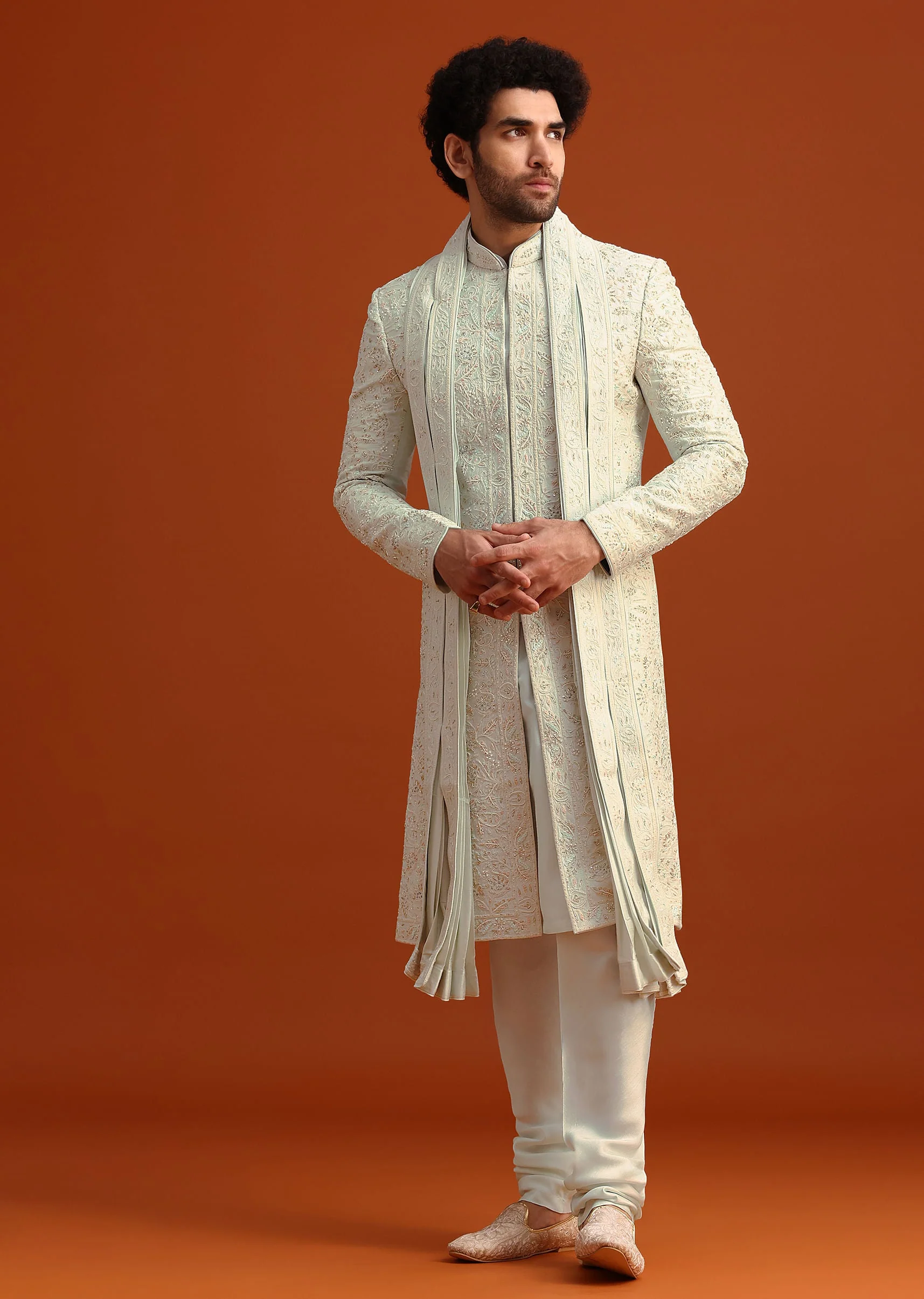 Beige Sherwani Set With Dupatta With Hand Work - Image 3