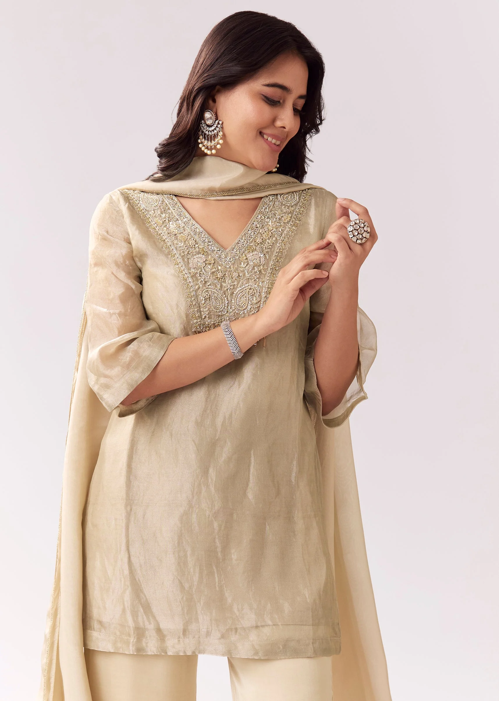 Beige Shimmer Palazzo Suit With Sequin Work - Image 4