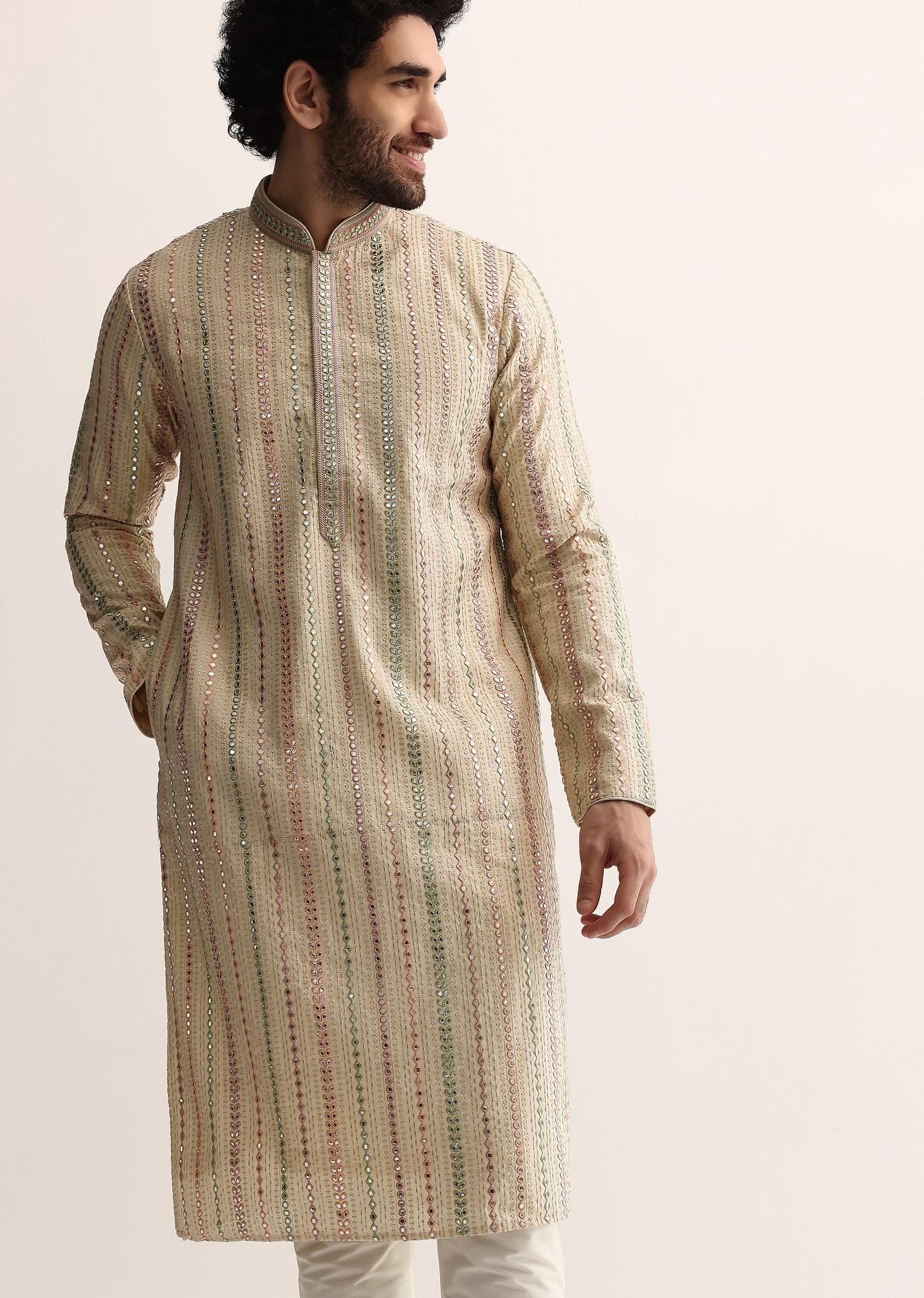 Beige Silk Abla Work Kurta Set For Men - Image 3