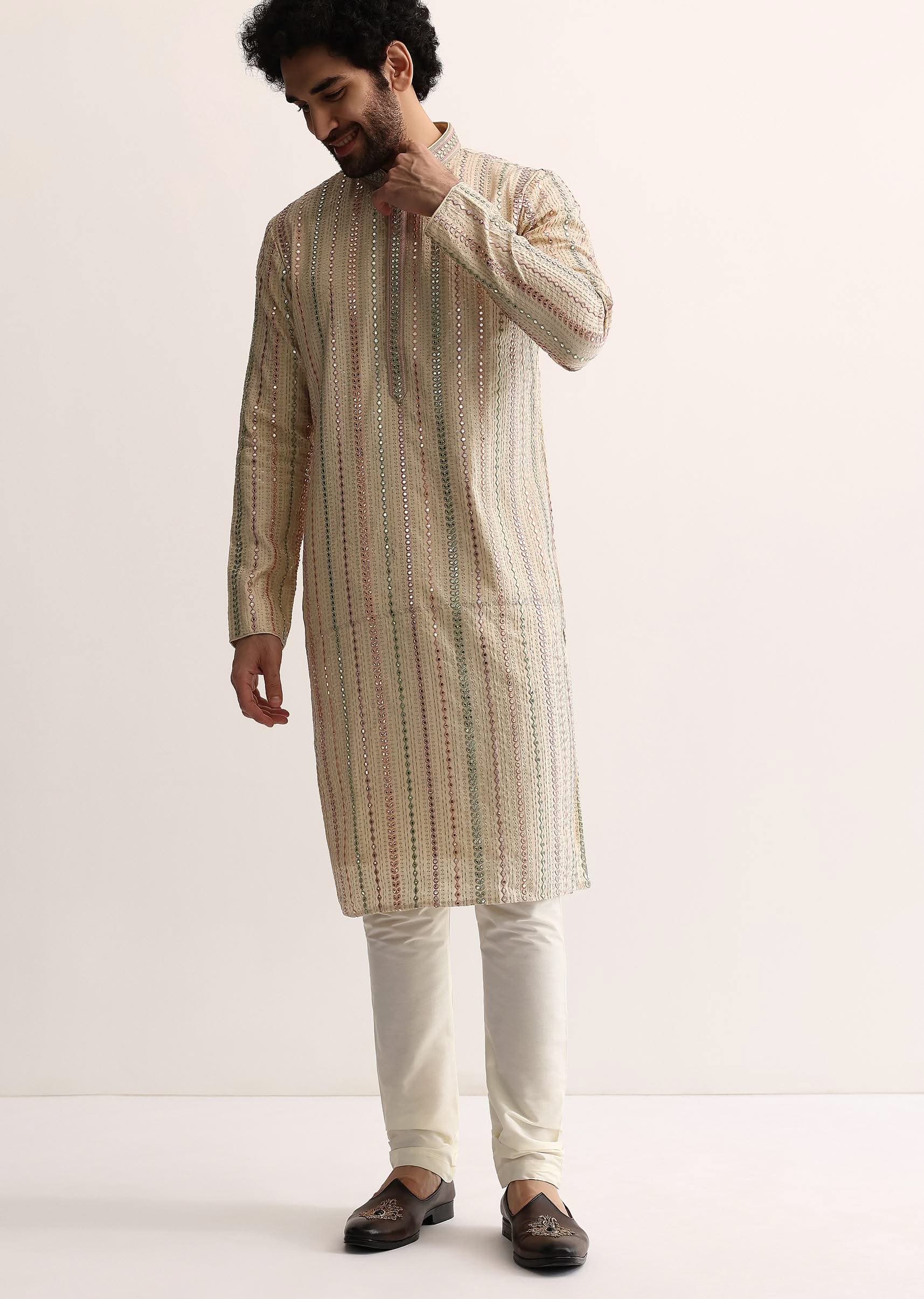 Beige Silk Abla Work Kurta Set For Men - Image 4