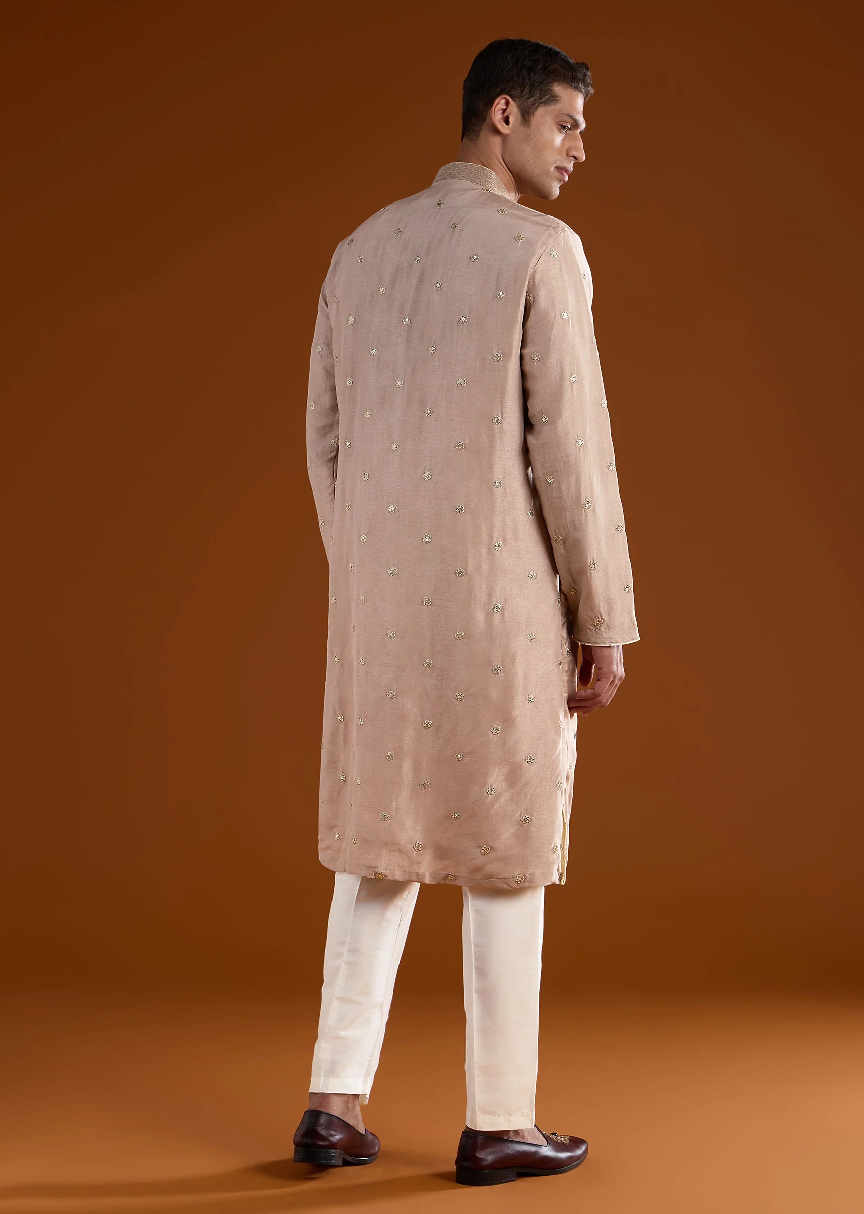 Beige Silk All Over Hand Embroidered Kurta Set - Image 5