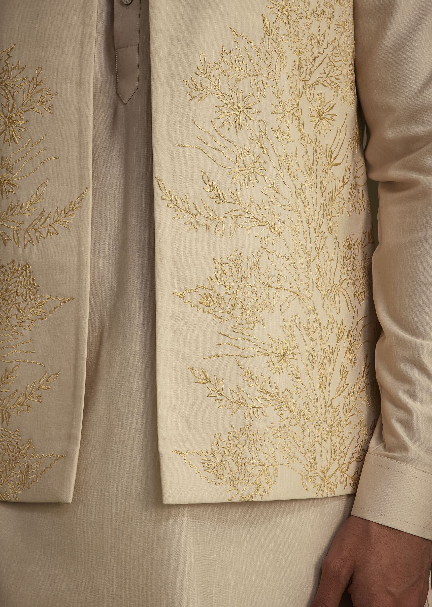 Beige Silk Blend Kurta Set With Embroidered Nehru Jacket - Image 4