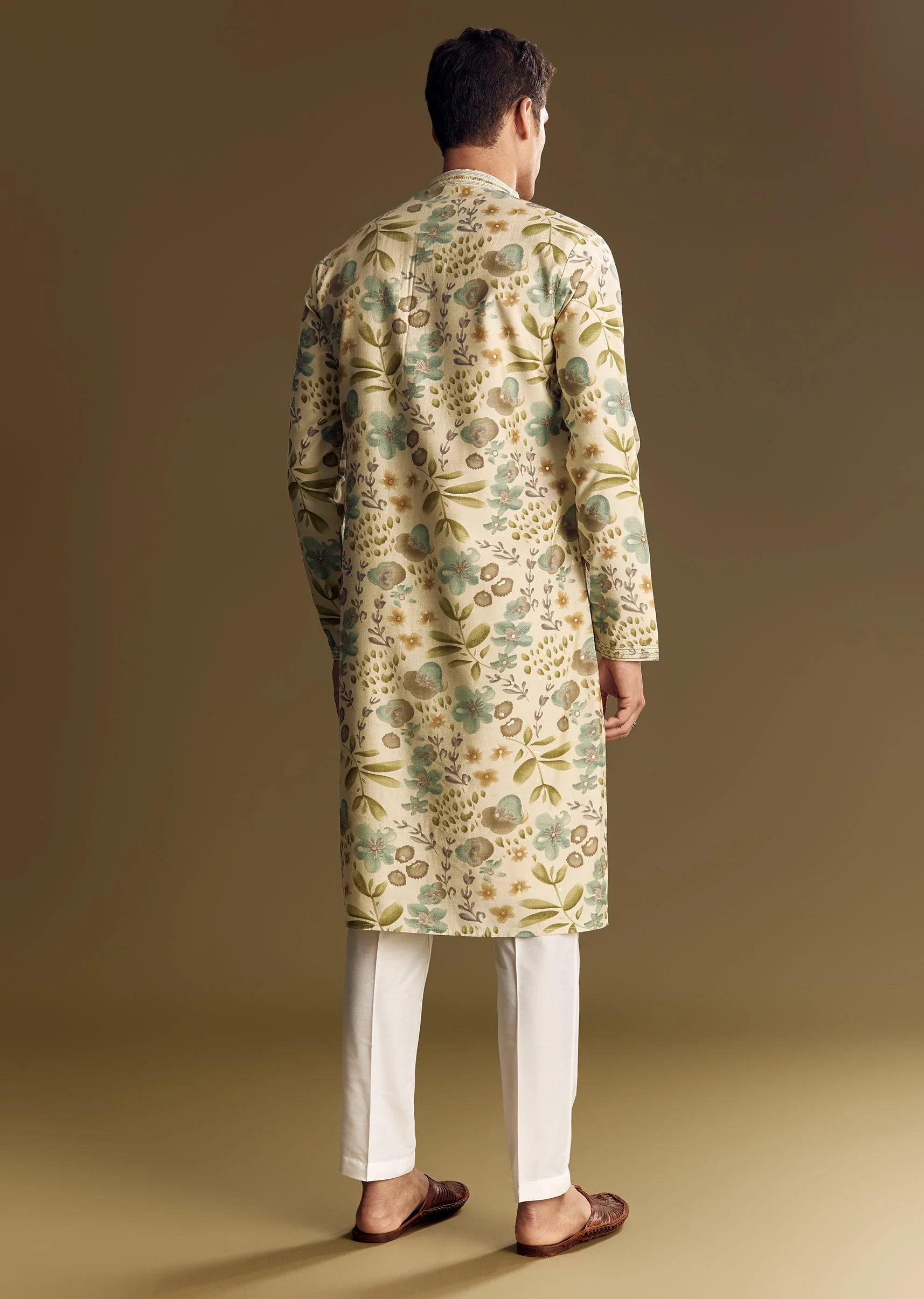 Beige Silk Kurta Set With Foil Enhanced Floral Print - Image 5