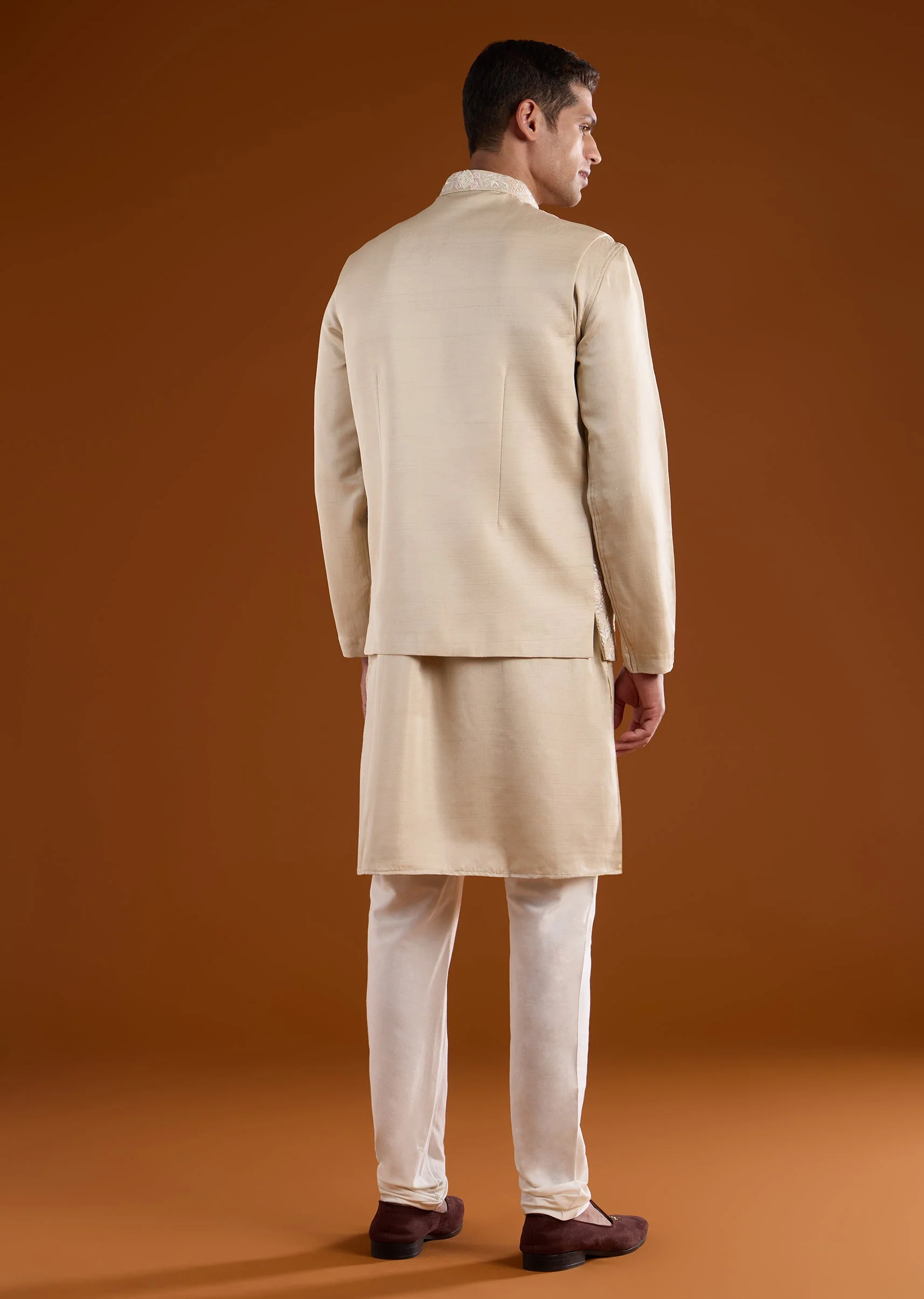 Beige Silk Mens Kurta Jacket Set With Thread And French Knot Work - Image 5