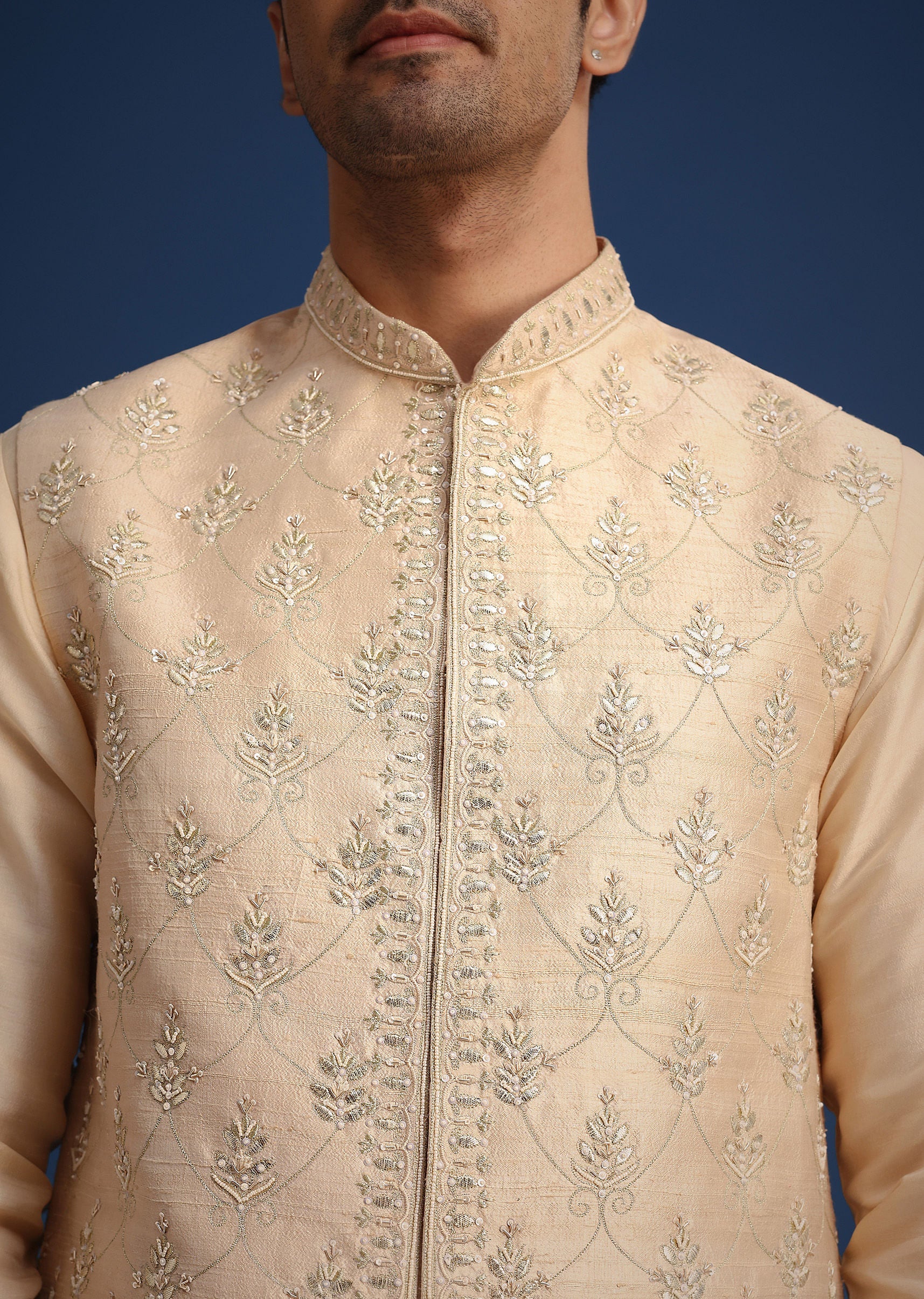 Beige Silk Zardozi Work Jacket And Kurta Set - Image 2