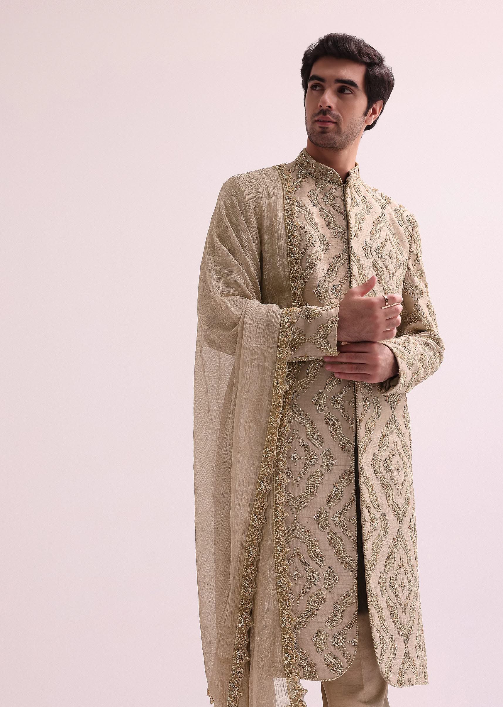 Beige Straight Cut Double Layered Sherwani And Kurta Set In Raw Silk - Image 2