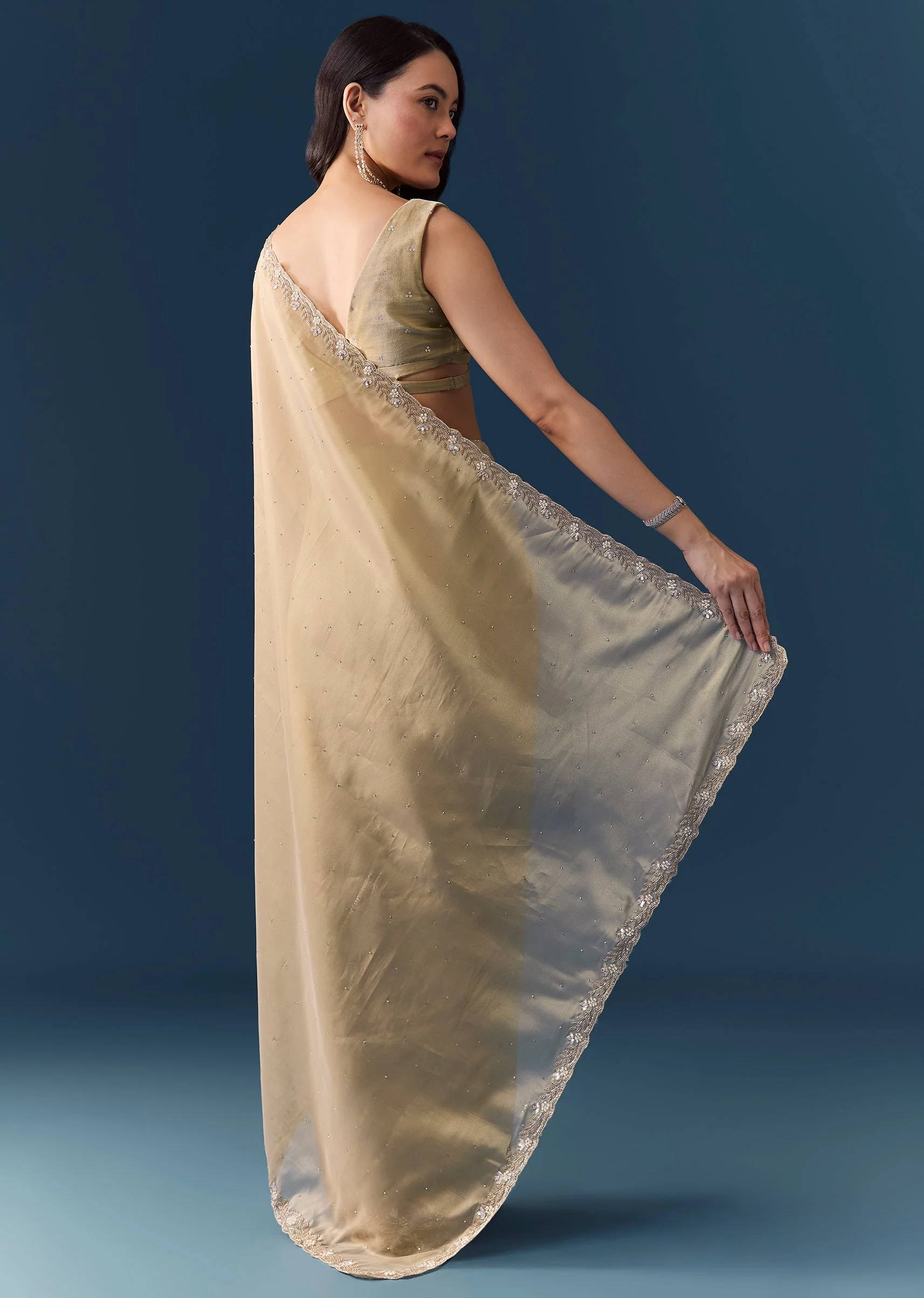 Beige Tissue Embellished Saree with Unstitched Blouse - Image 5