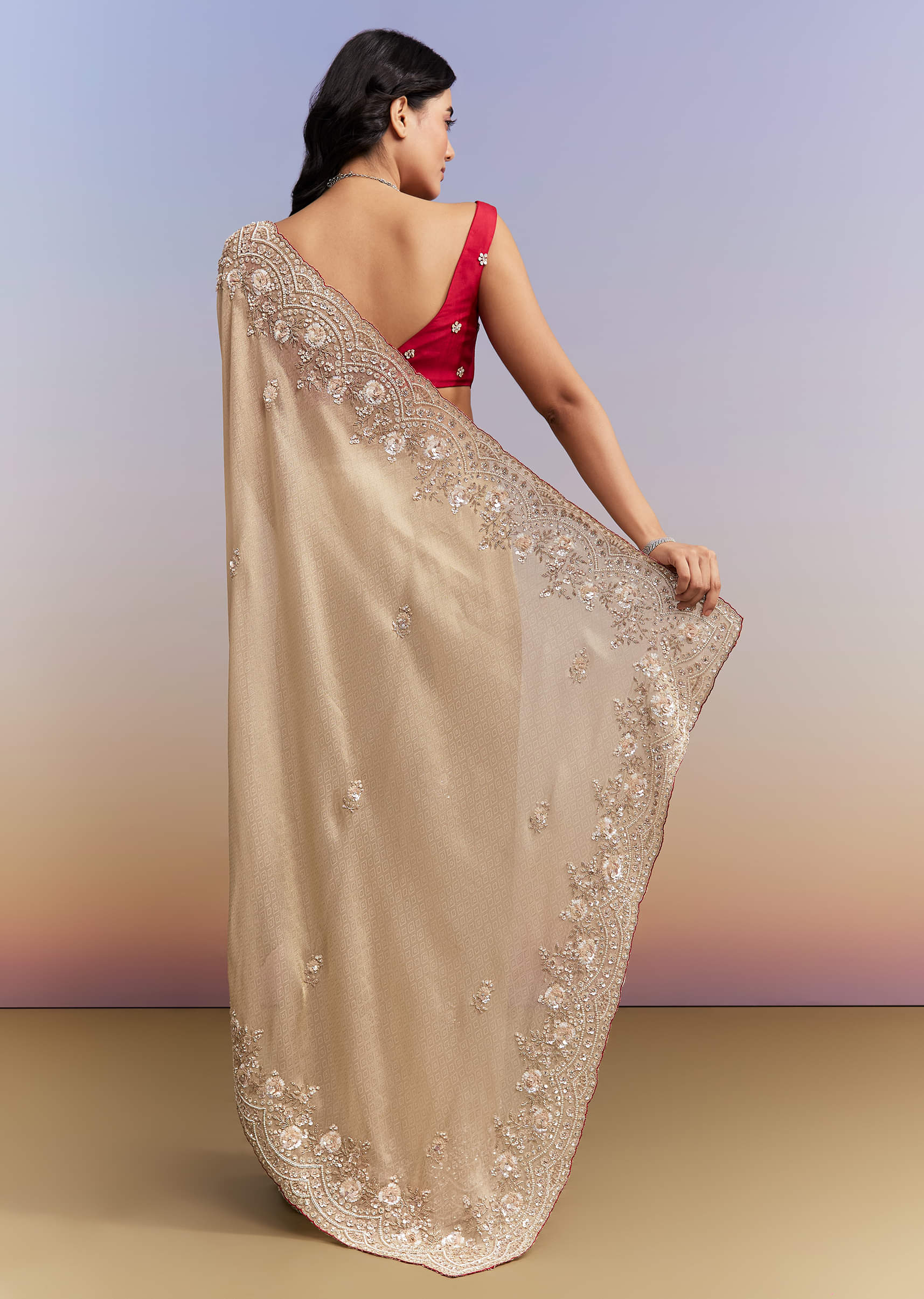 Beige Tissue Jacquard Saree With Heavy Hand Work - Image 4