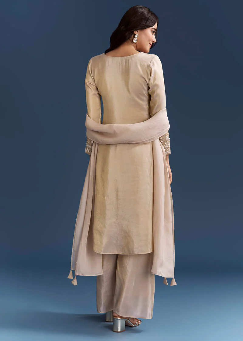 Beige Tissue Kurta Set With Organza Dupatta - Image 5