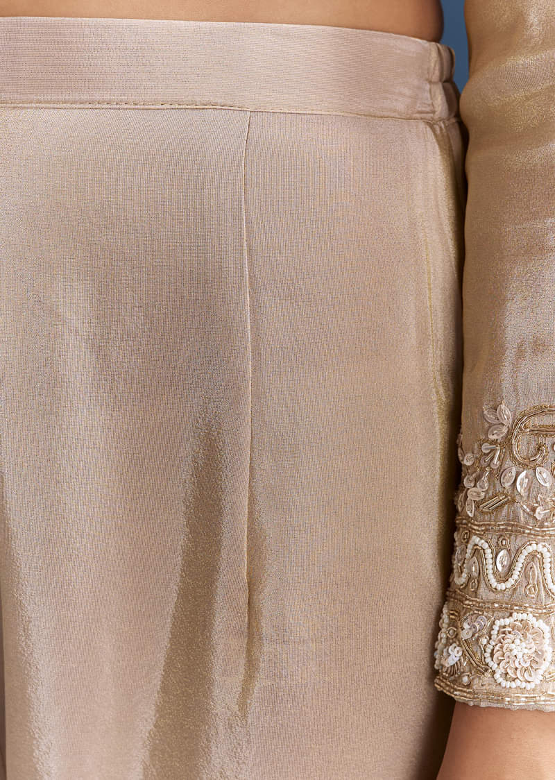 Beige Tissue Kurta Set With Organza Dupatta - Image 6
