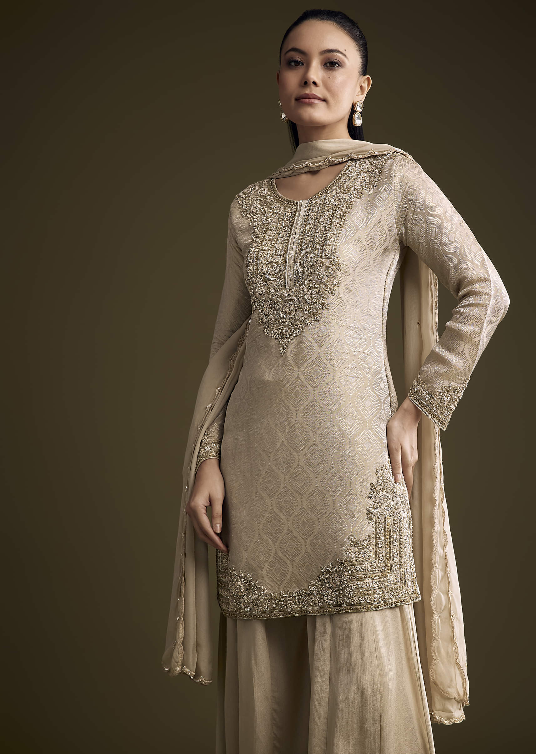 Beige Tissue Palazzo Suit With Banarasi Weave And Sequins Embroidery - Image 4