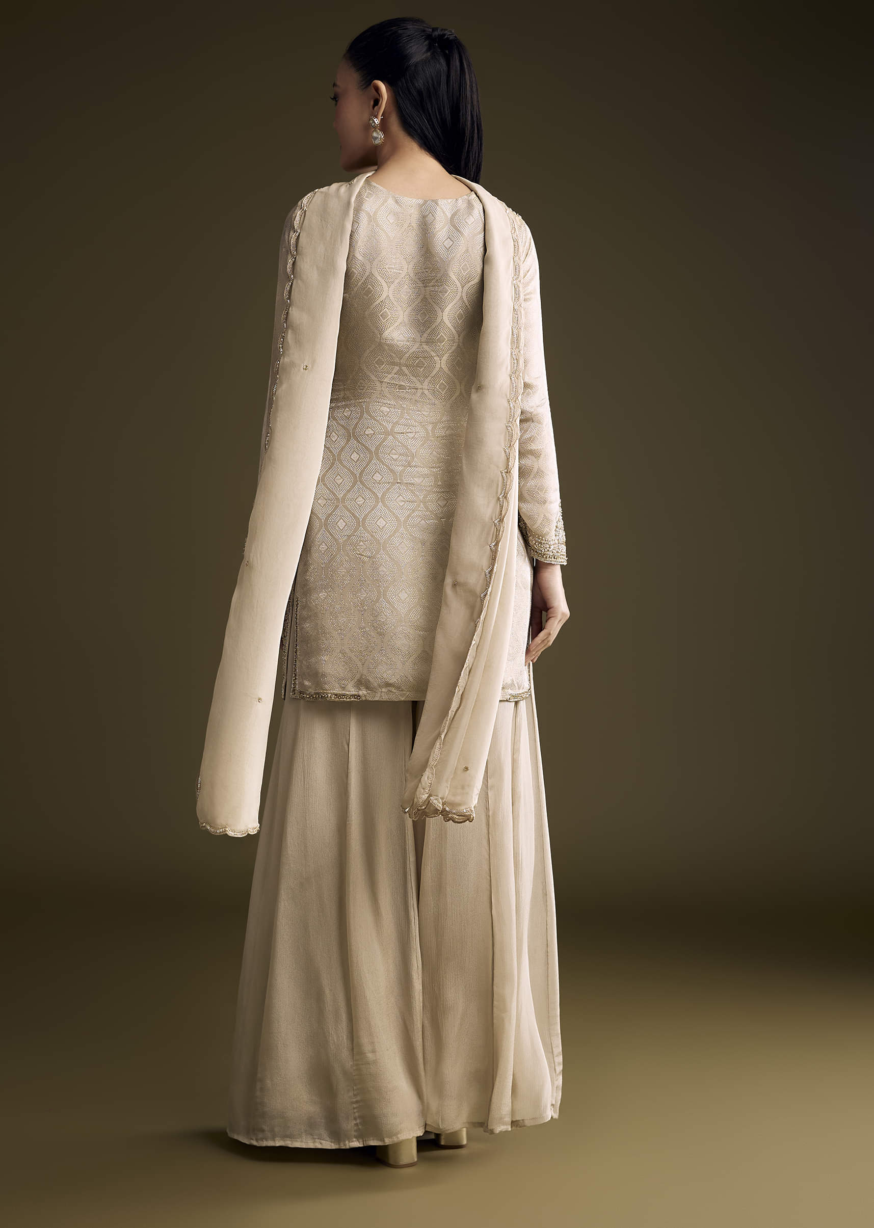 Beige Tissue Palazzo Suit With Banarasi Weave And Sequins Embroidery - Image 5