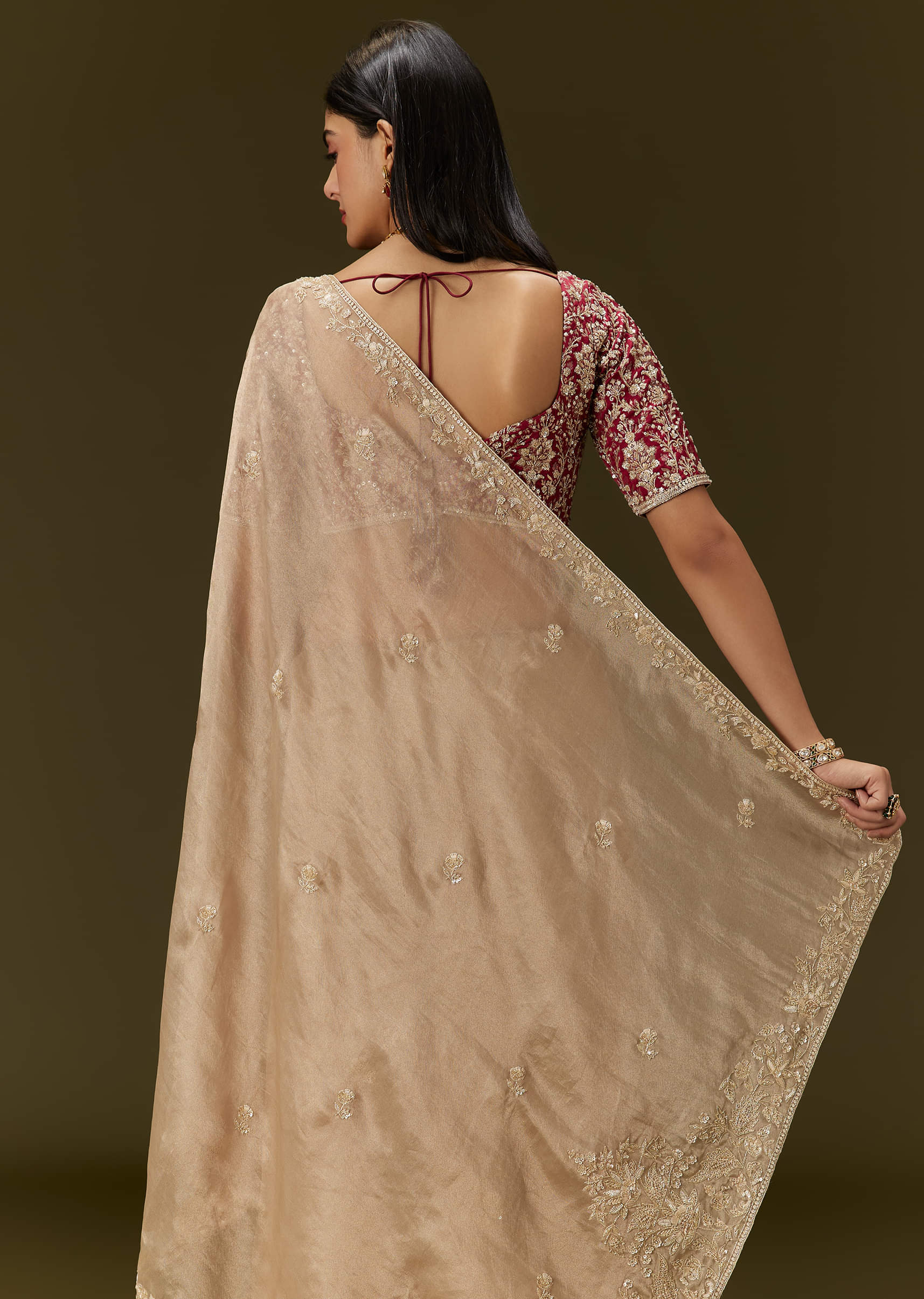 Beige Tissue Saree With Embroidered Brocade Blouse - Image 4