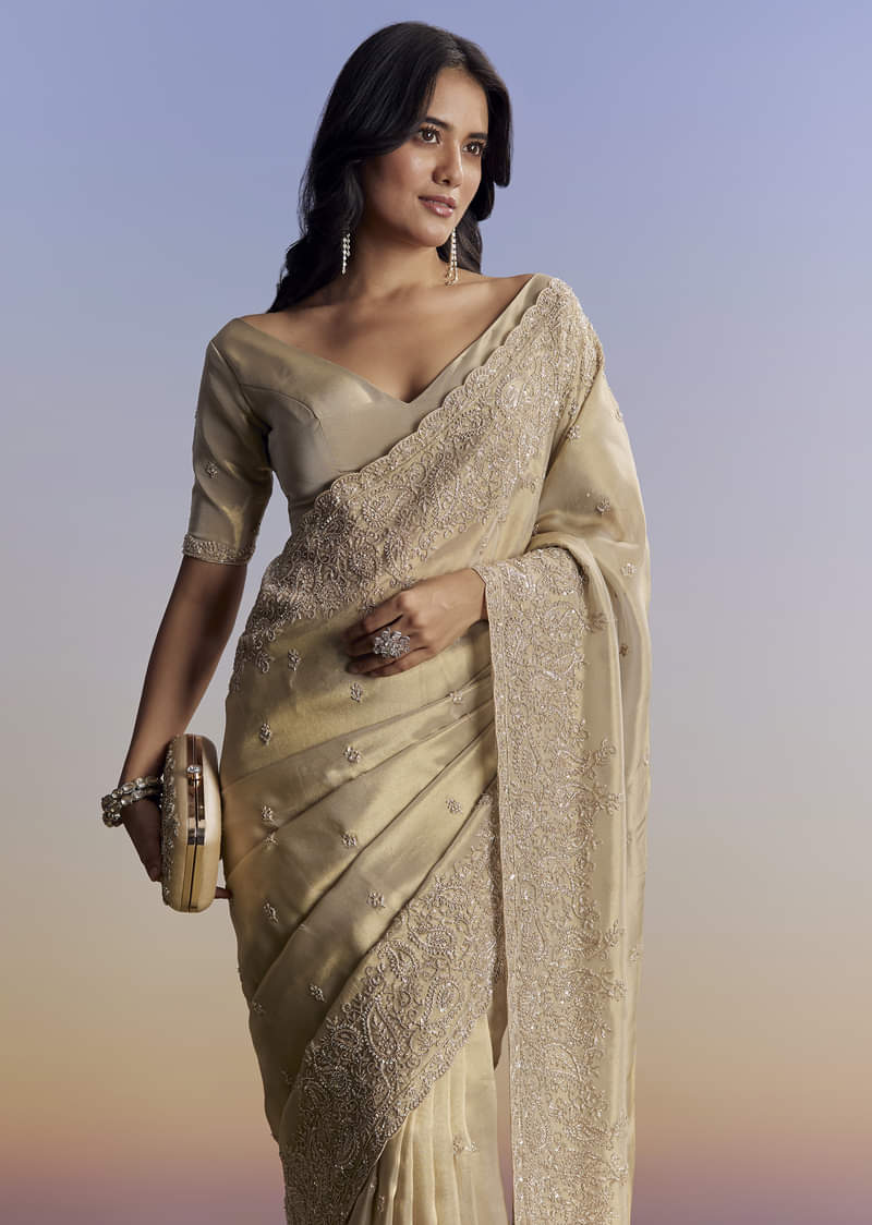 Beige Tissue Saree With Hand Embroidery With Cutdana And Sequins - Image 5