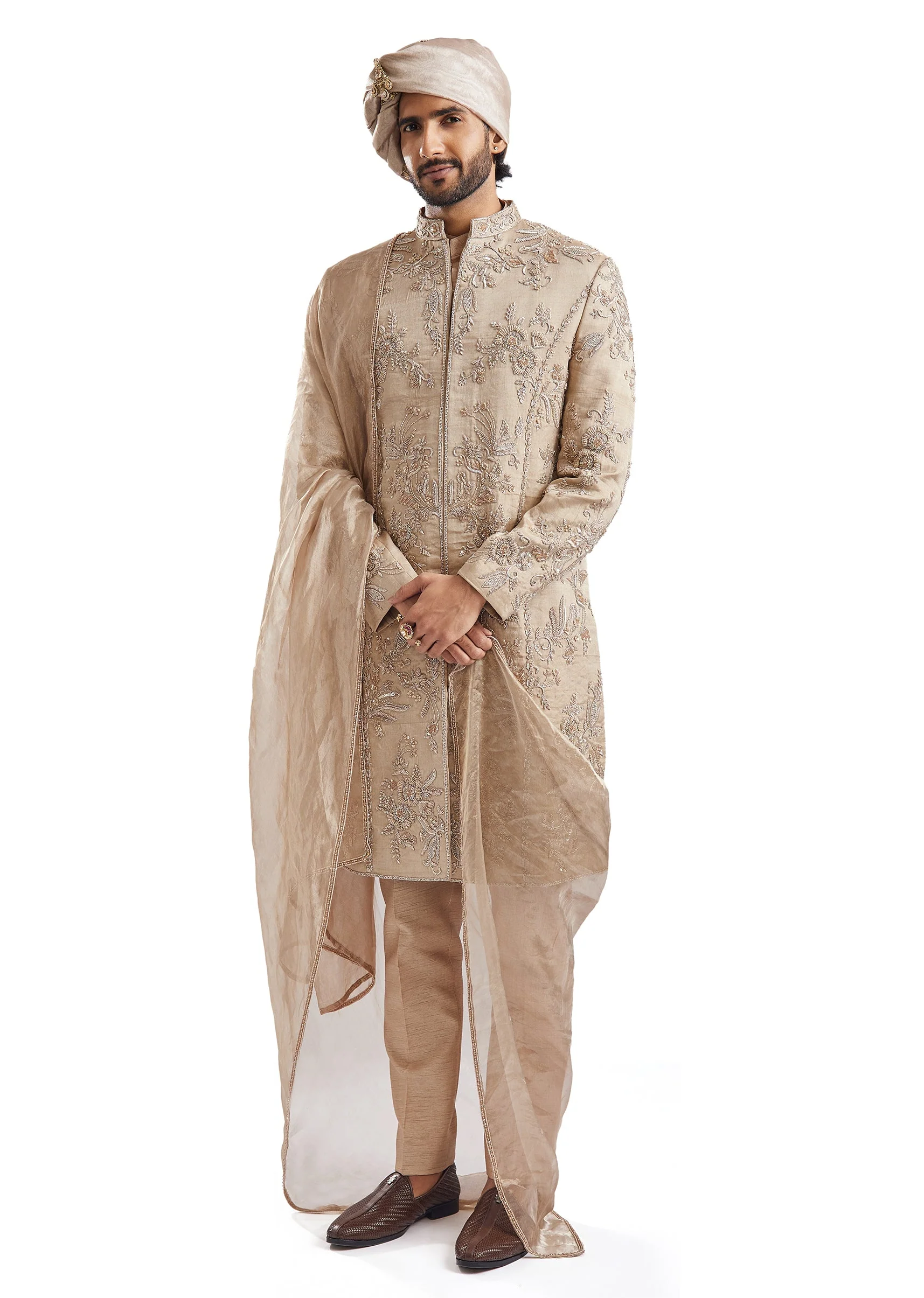 Beige Tussar Intricately Embroidered Sherwani - Image 3