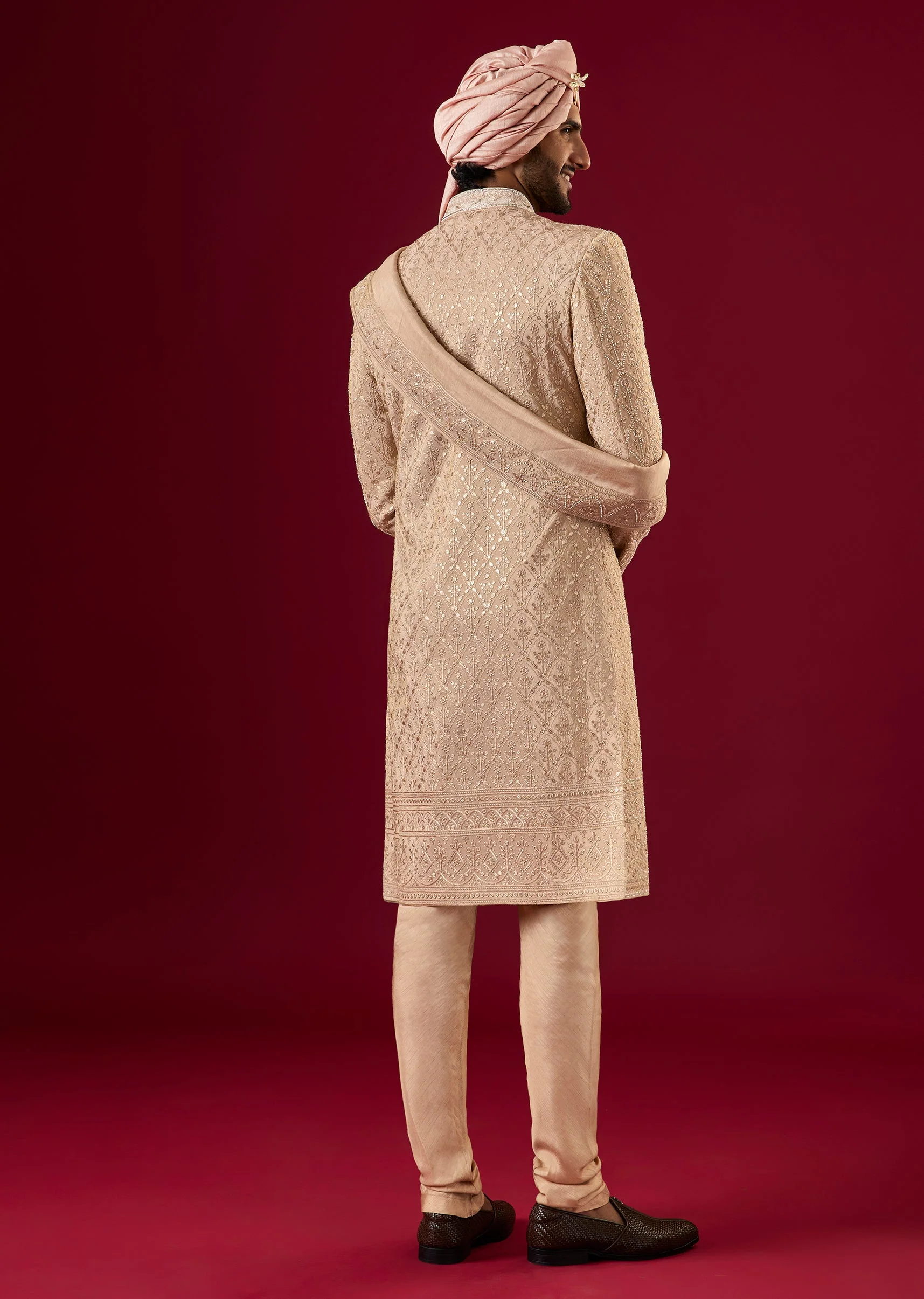 Beige Tussar Sherwani Set With Thread Work - Image 6