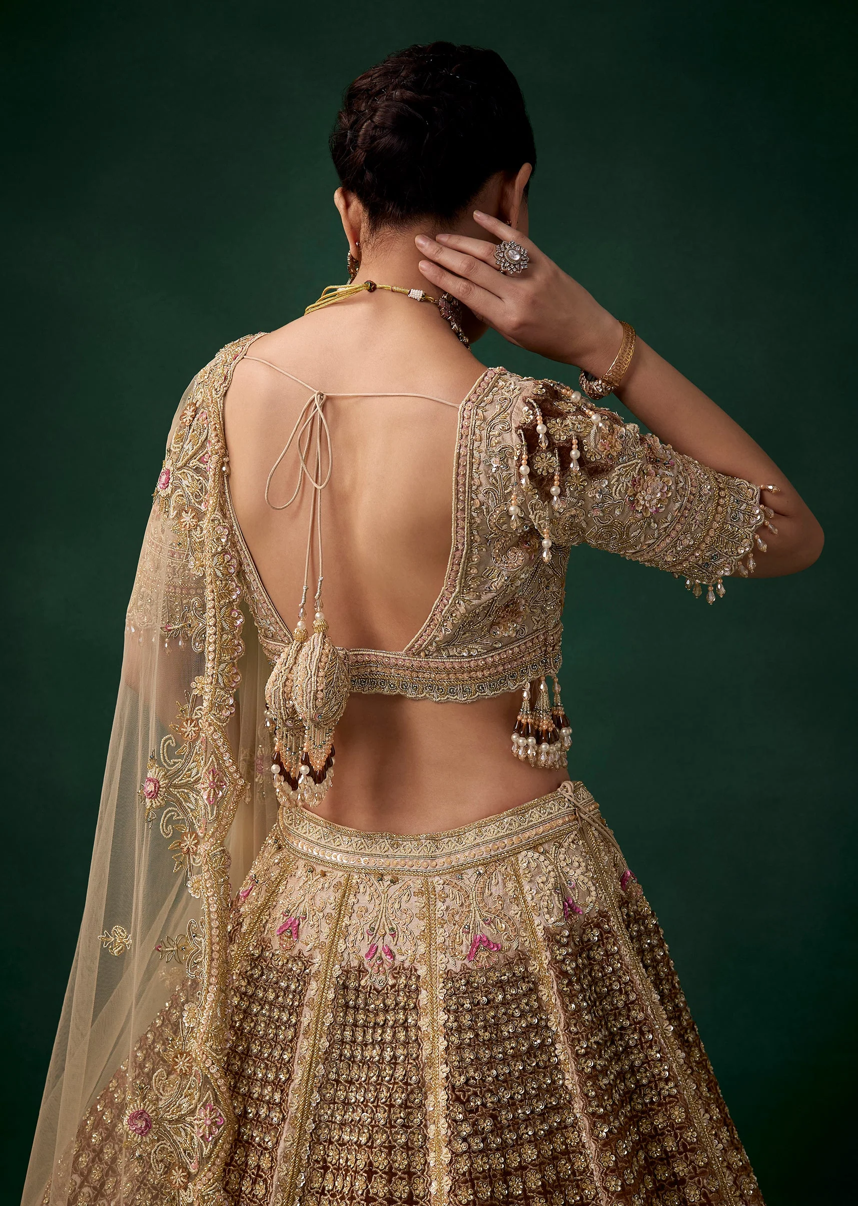 Beige Velvet Patchwork Embroidered Bridal Lehenga Set - Image 5