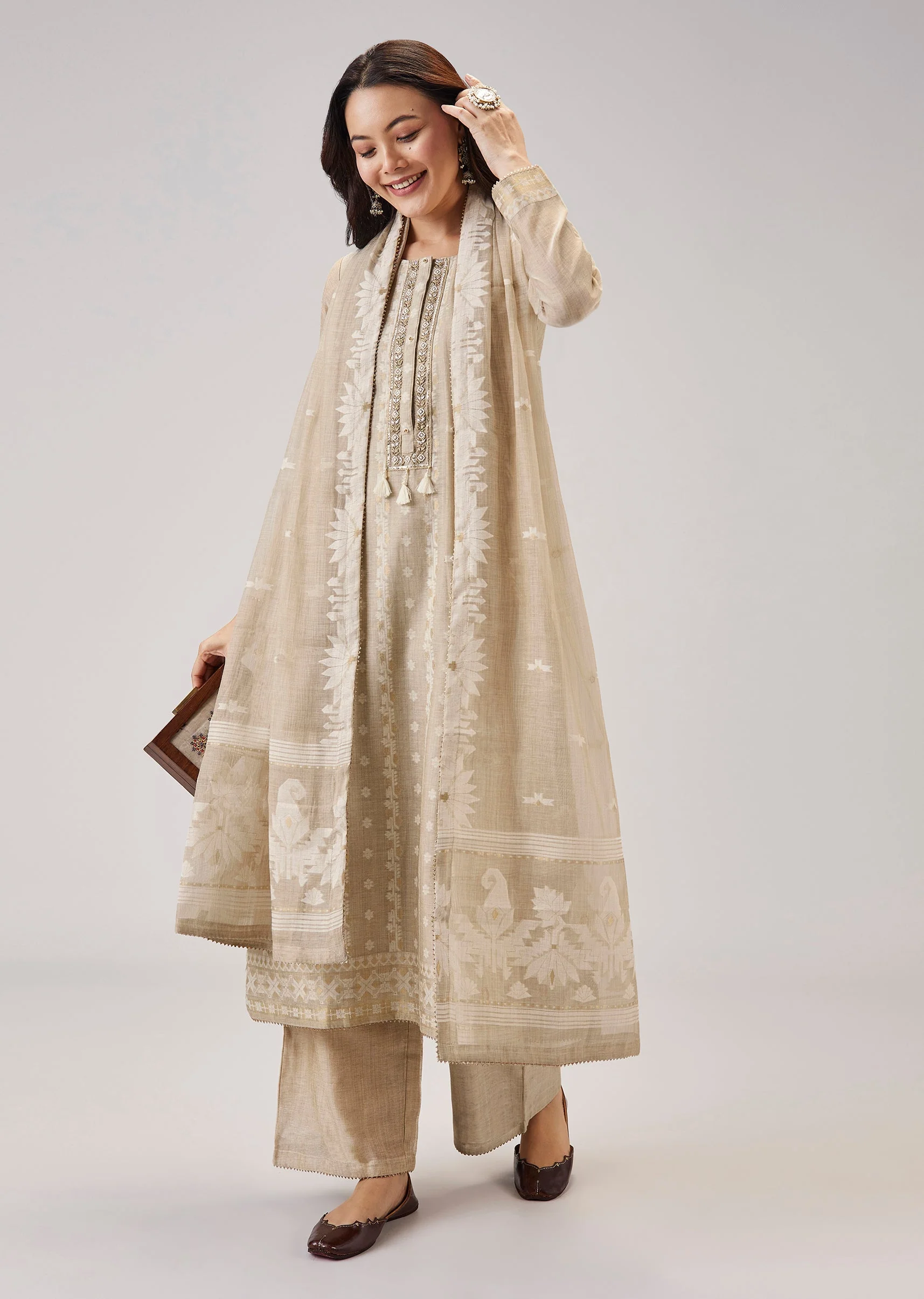 Beige Weaved Chanderi Kurta Set - Image 3