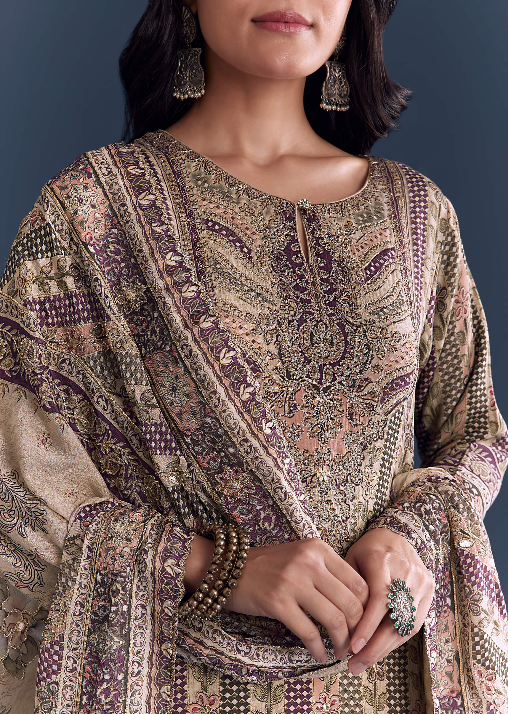 Beige Wine Crepe Kurta Set With Floral Print - Image 2