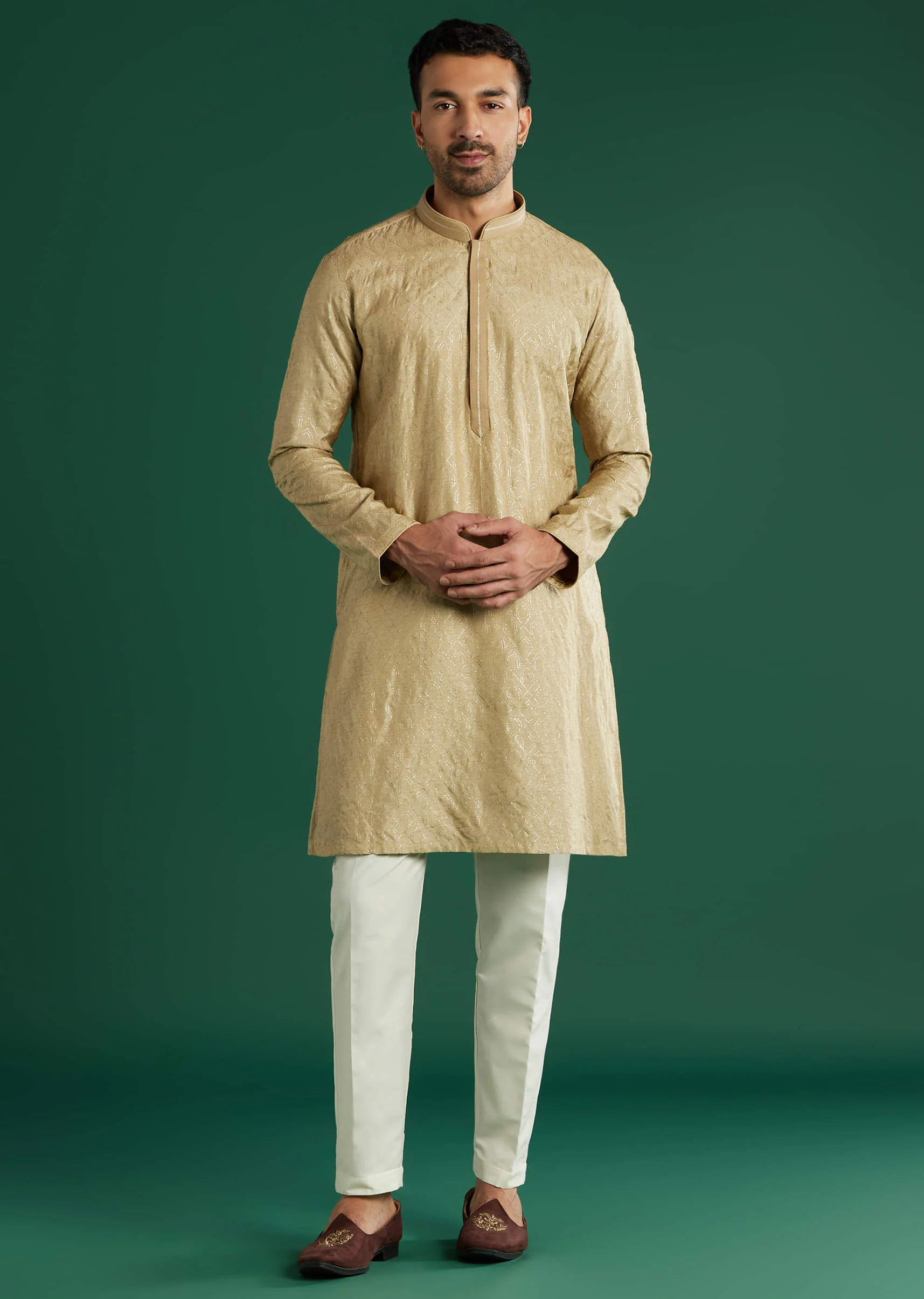 Beige Woven Silk Kurta Set For Men - Image 2