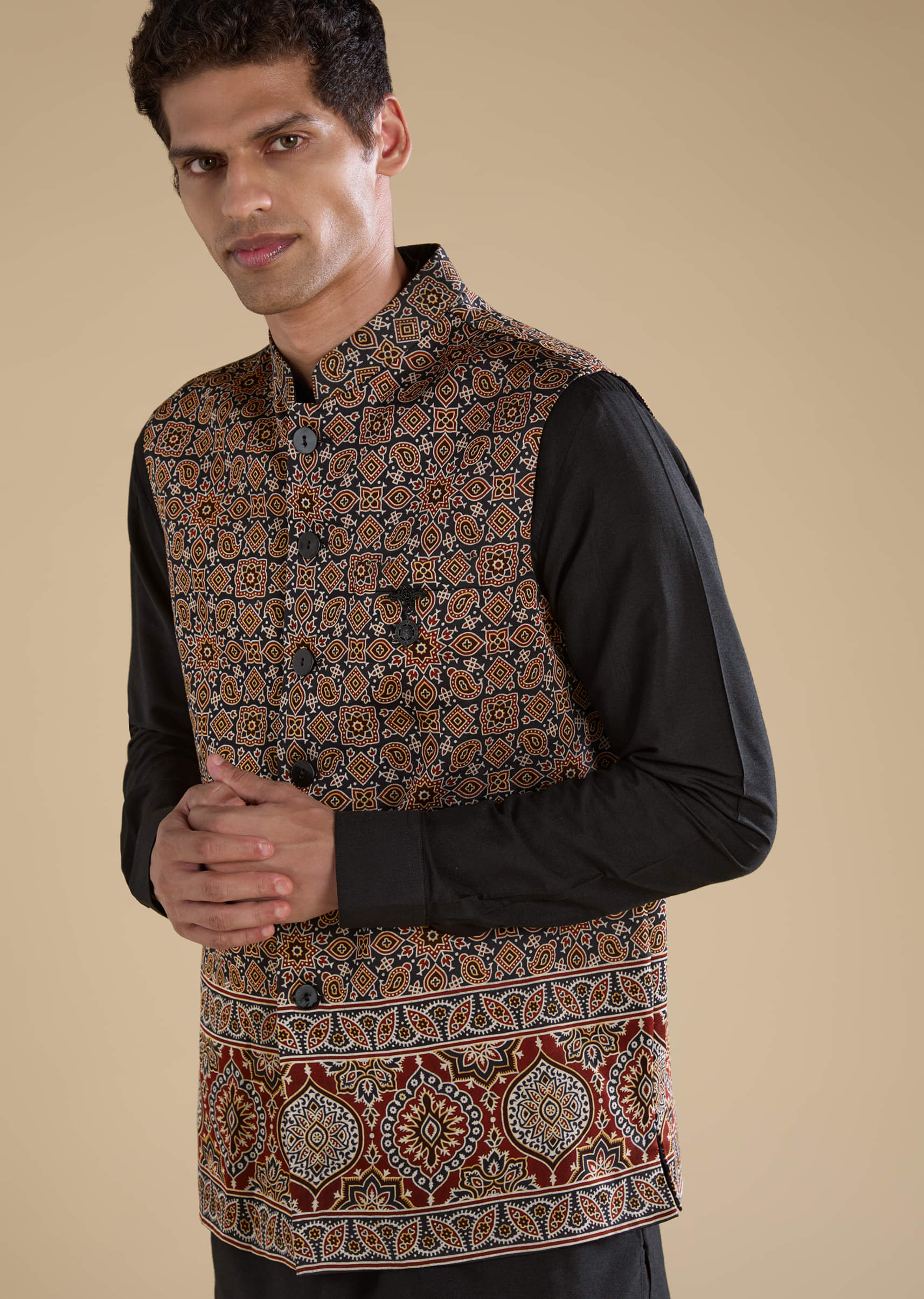 Black Ajrakh Print Mens Jacket Kurta and Pant Set - Image 2
