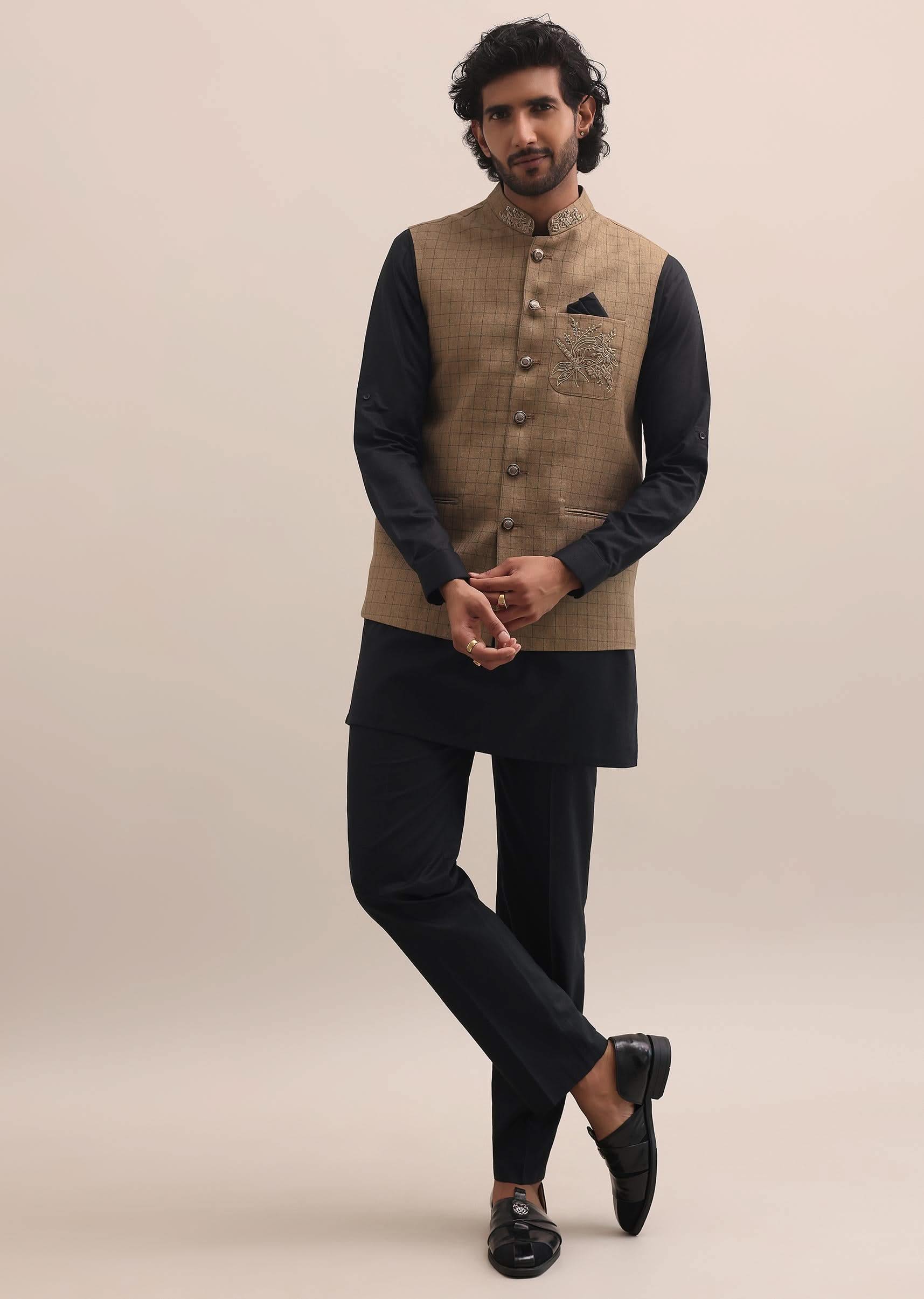 Black And Brown Embroidered Silk Kurta Jacket Set For Men - Image 2
