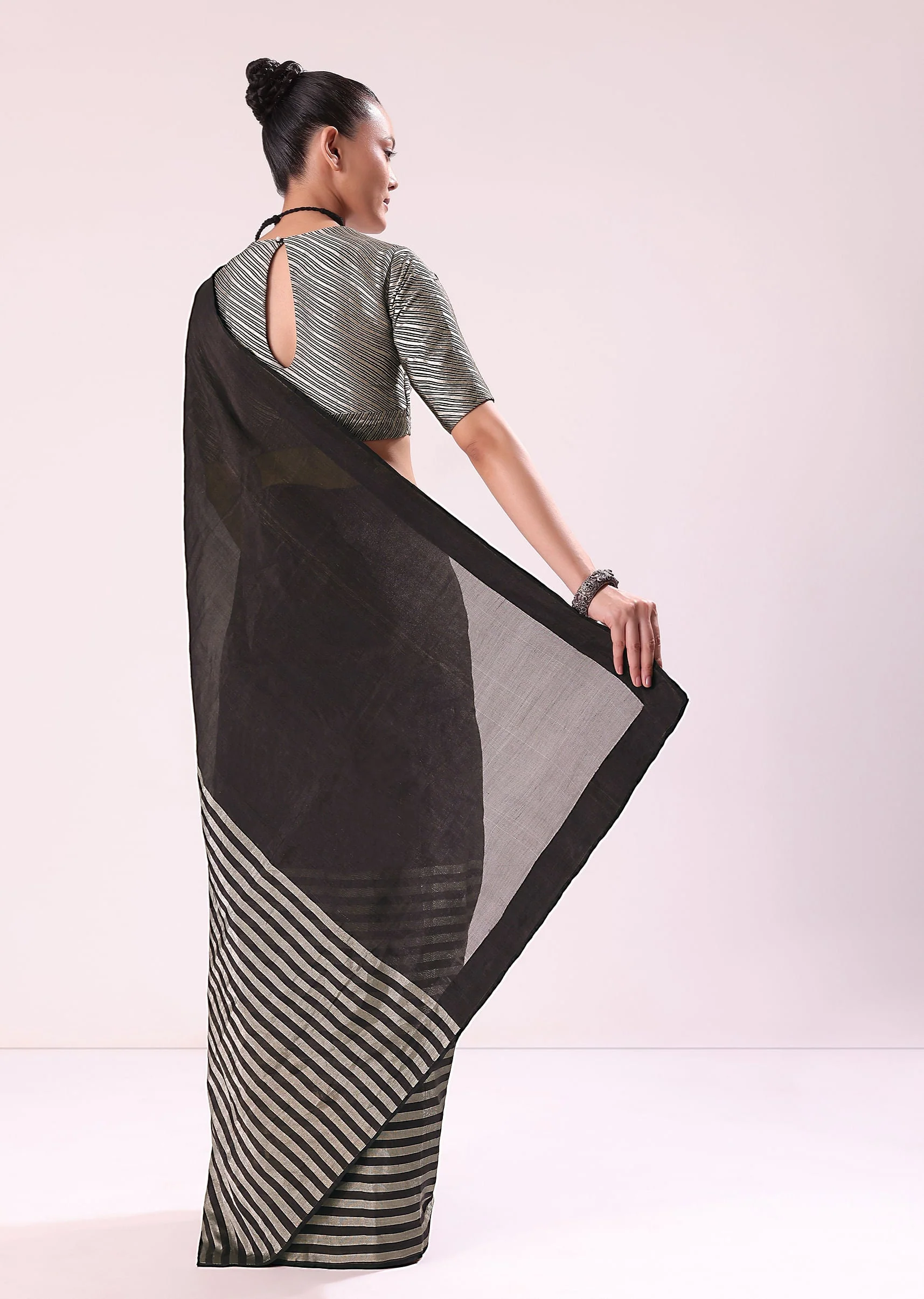 Black And Silver Half Striped Chanderi Saree And Stitched Blouse - Image 4