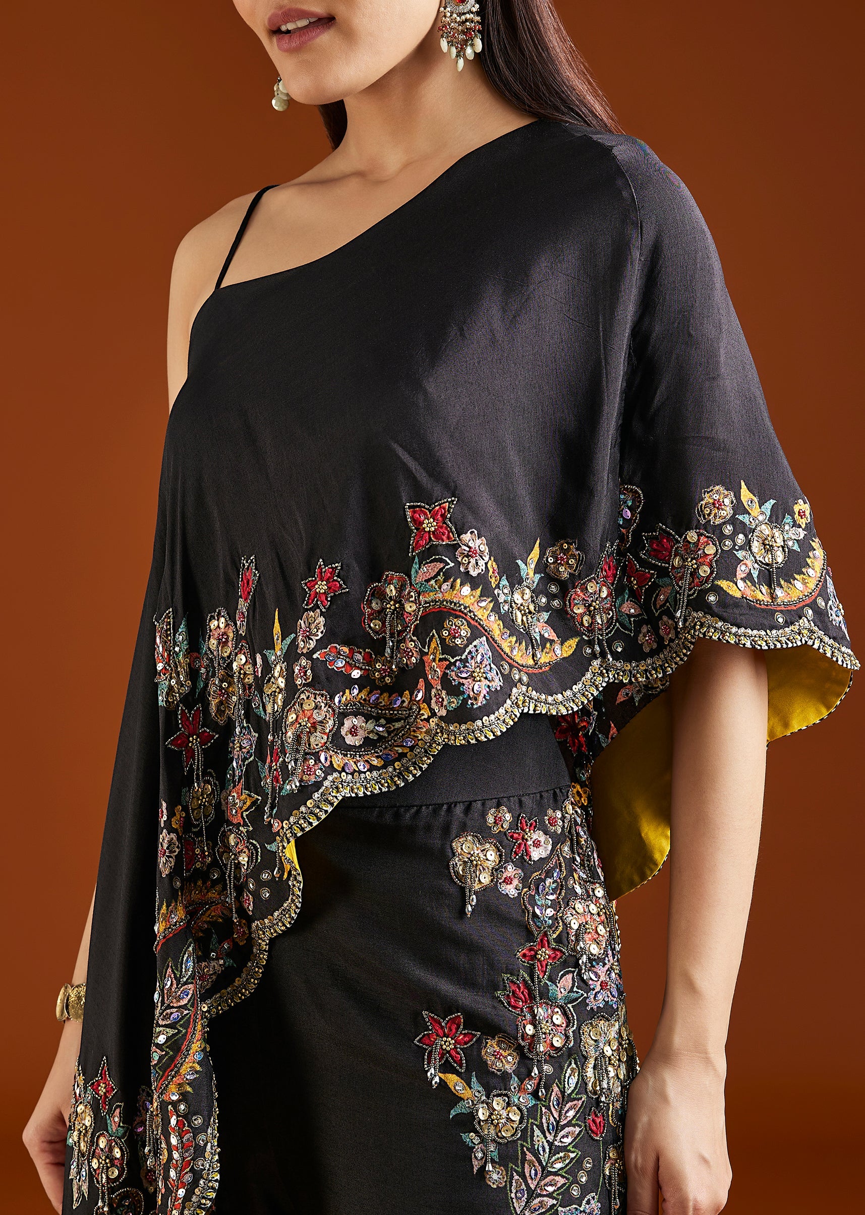 Black Asymmetric Silk Blend Crop Top Palazzo Set - Image 2