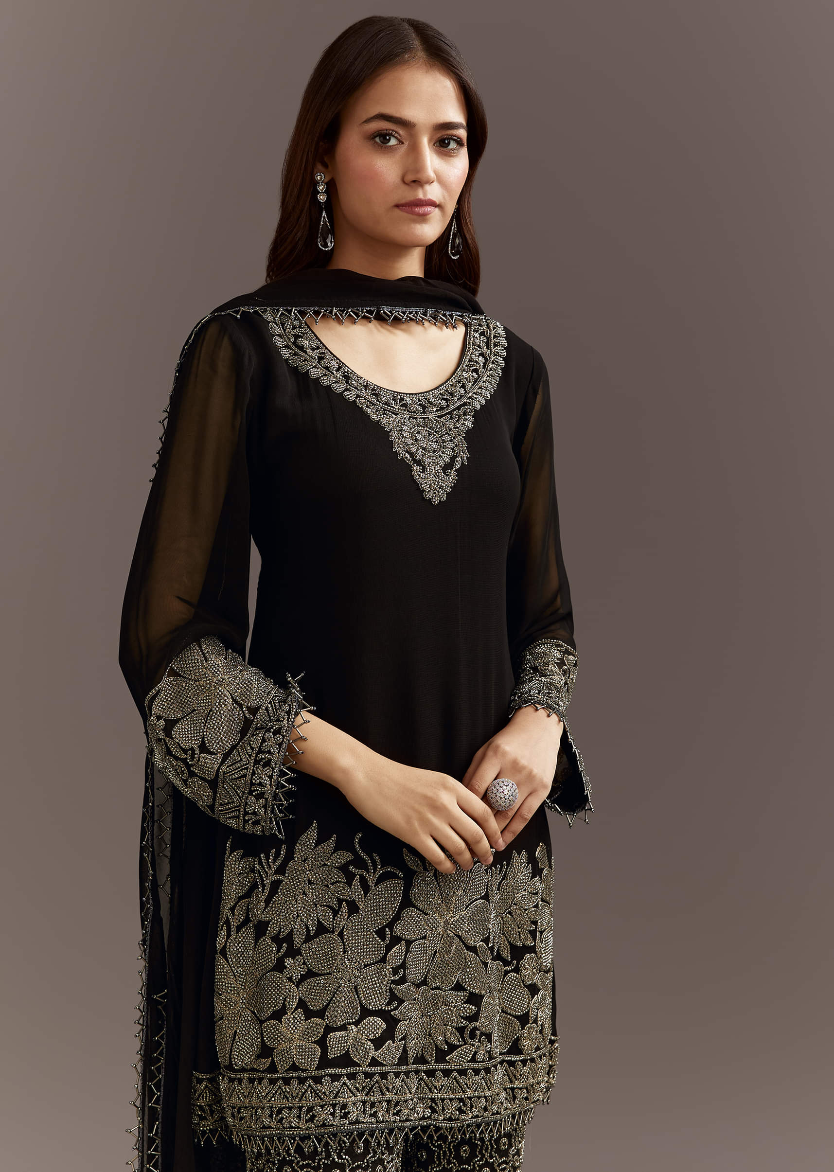 Black Beads Work Kurta Dupatta Set With Fully Beaded Pant - Image 2