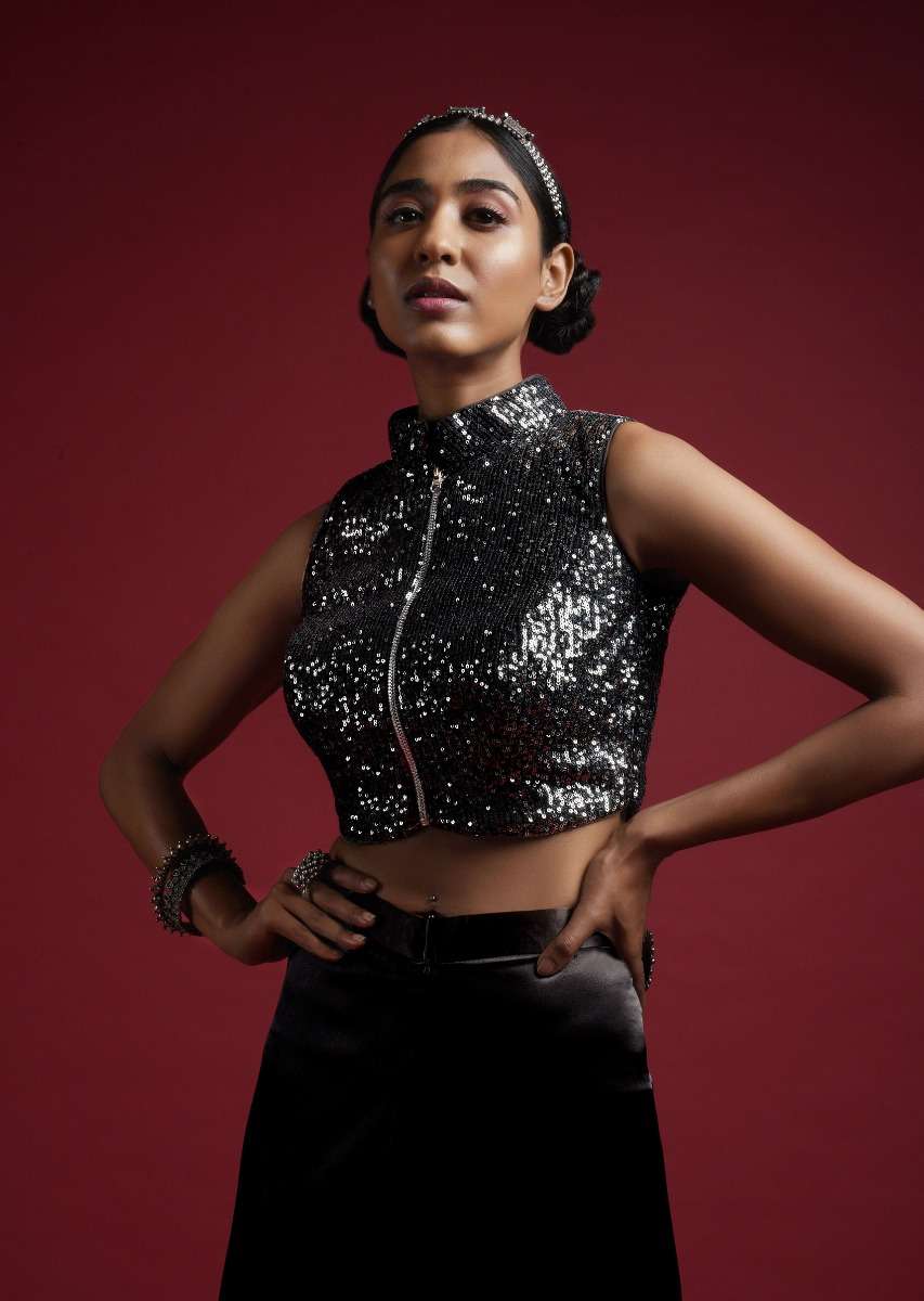 Black Blouse With Silver Sequins, Mandarin Collar Neckline And Front Zip Closure Online - Kalki Fashion - Image 2