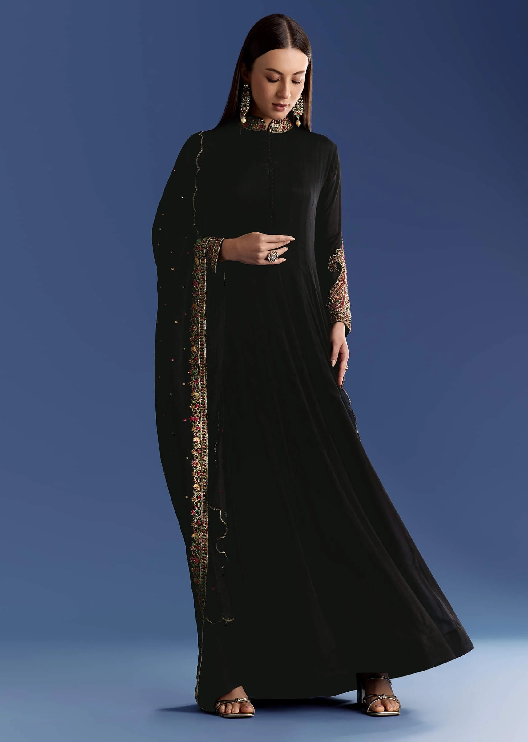 Black Chinon Anarkali With Embroidered Collar And Zari Dupatta - Image 2