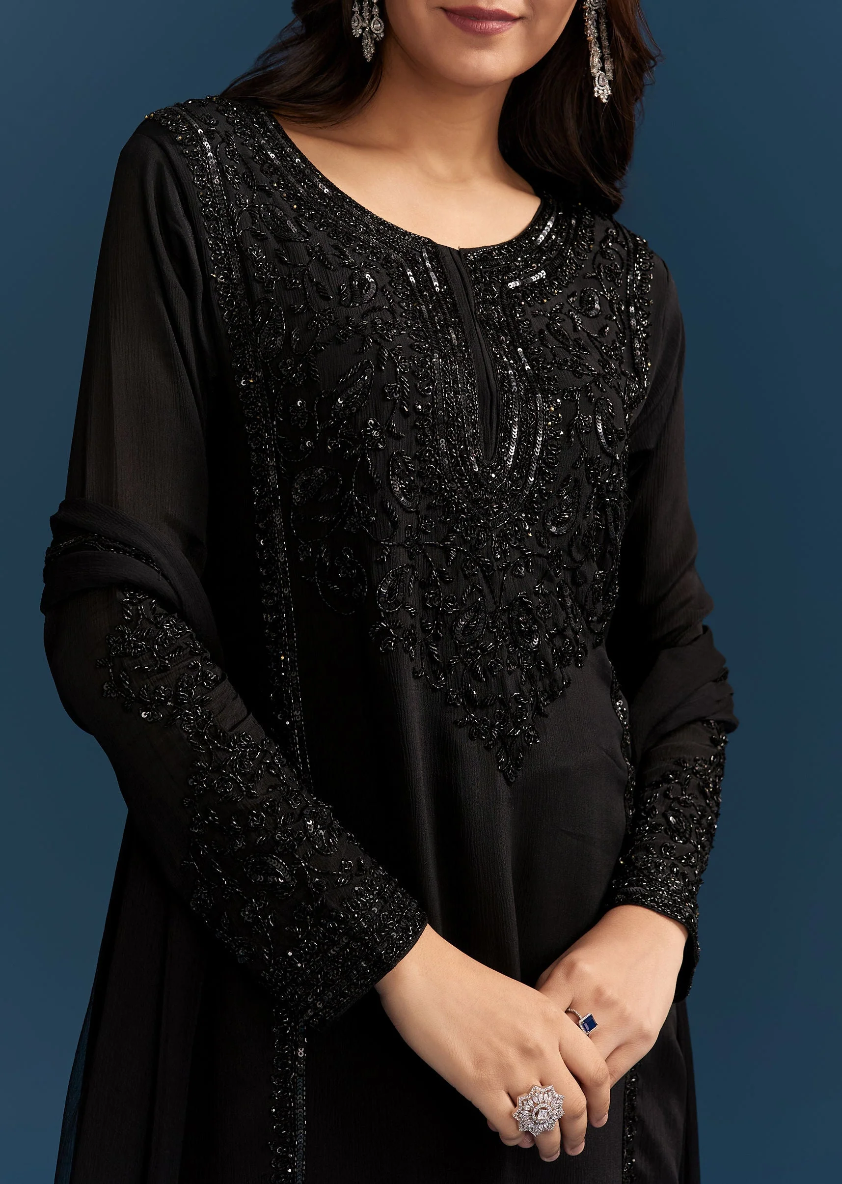 Black Chinon Kurta Set With Sequins And Cut Dana Work - Image 2