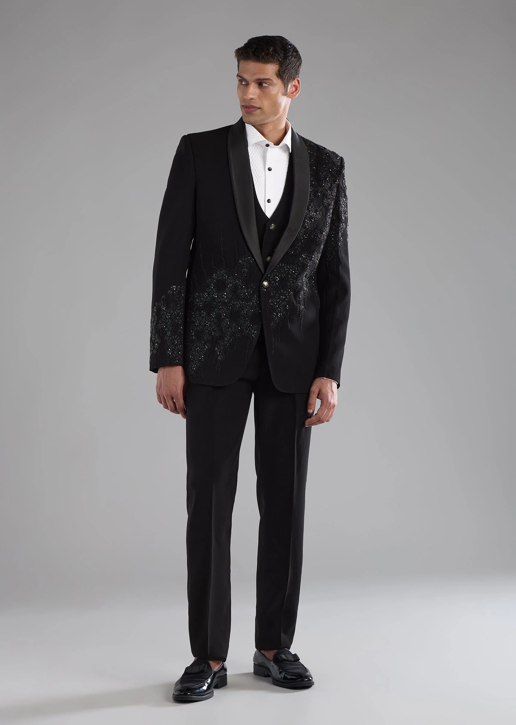 Black Cutdana Embellished Tuxedo Set - Image 4