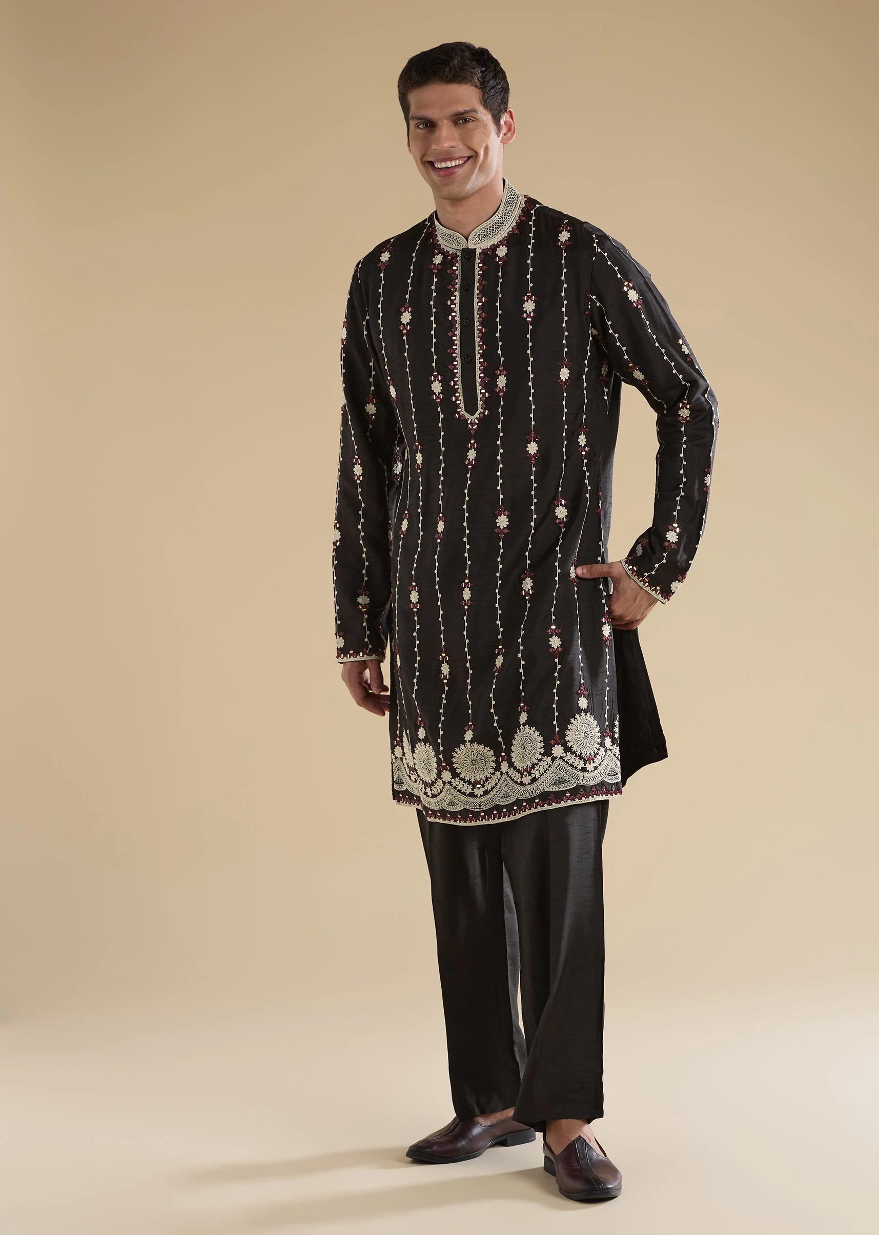 Black Dori work Kurta With Flared Pants - Image 3