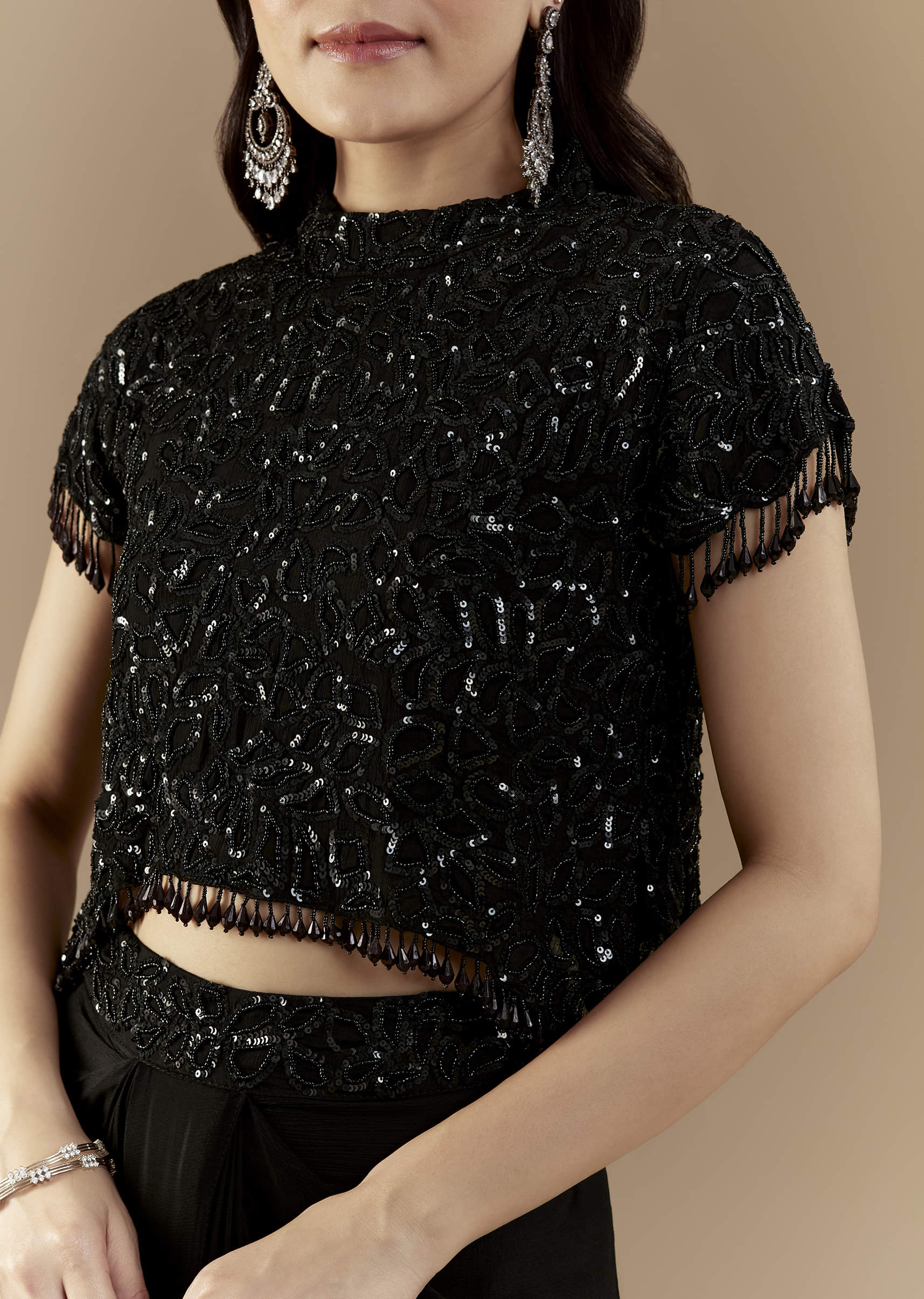 Black Embroidered Crop Top and Skirt Set - Image 2