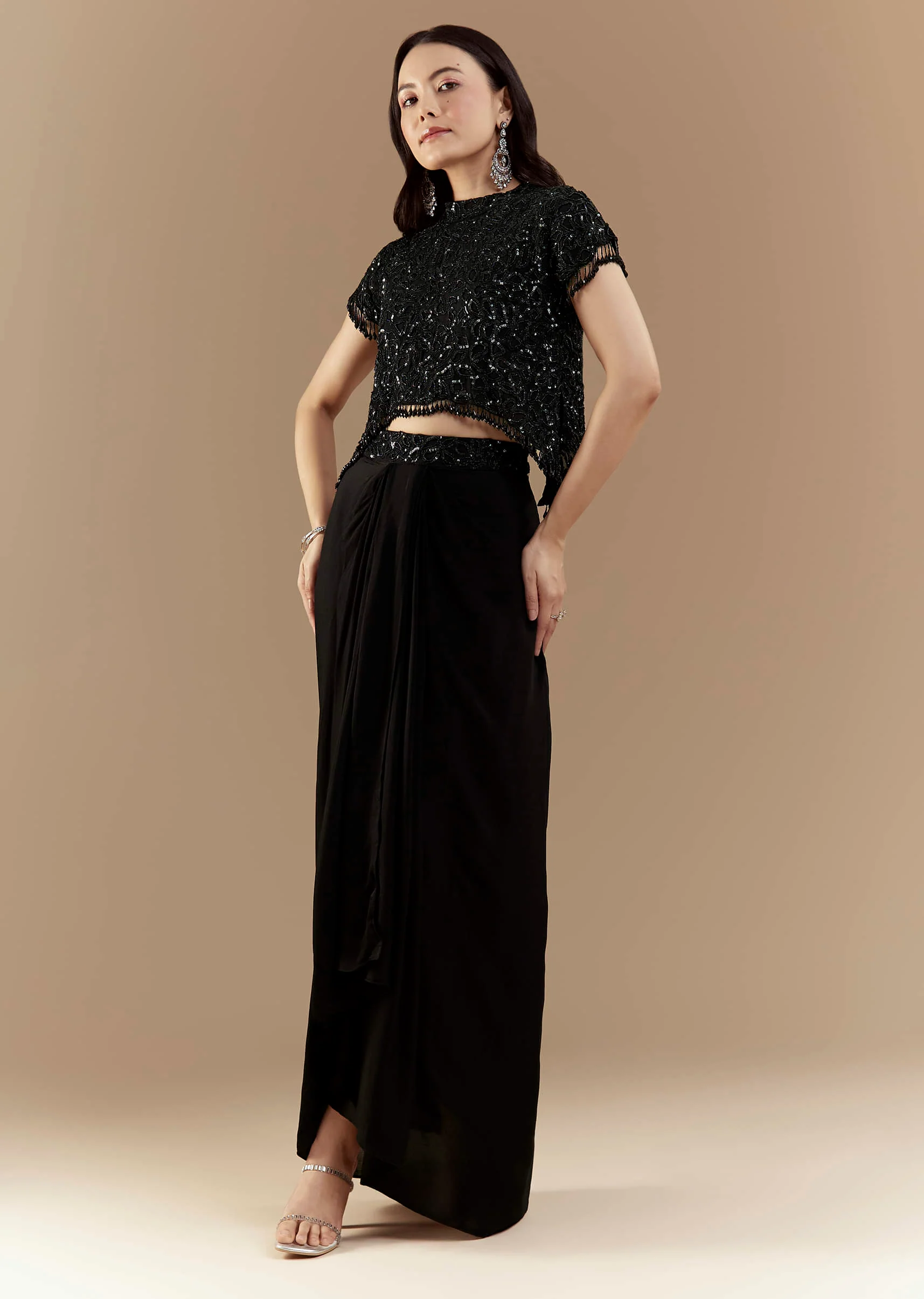 Black Embroidered Crop Top and Skirt Set - Image 3