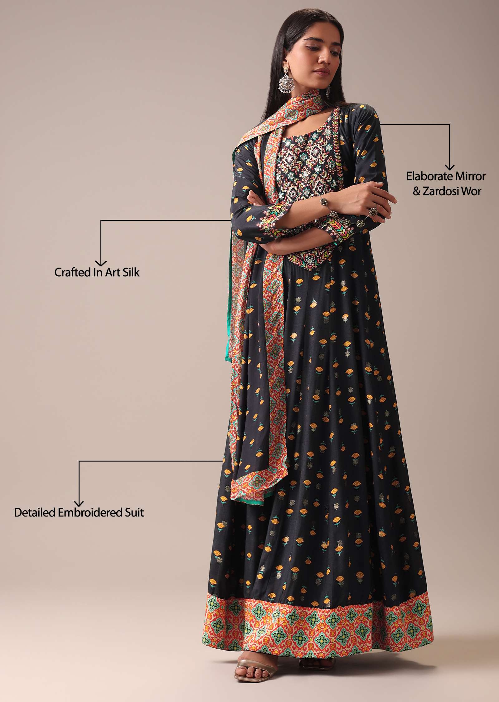 Black Floral Printed Anarkali Suit Set In Art Silk - Image 9