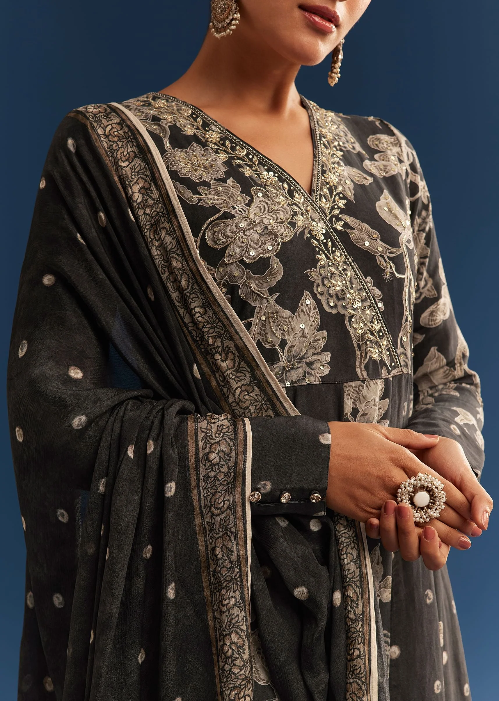 Black Floral Printed Crepe Anarkali Set With Embroidered Neckline - Image 2