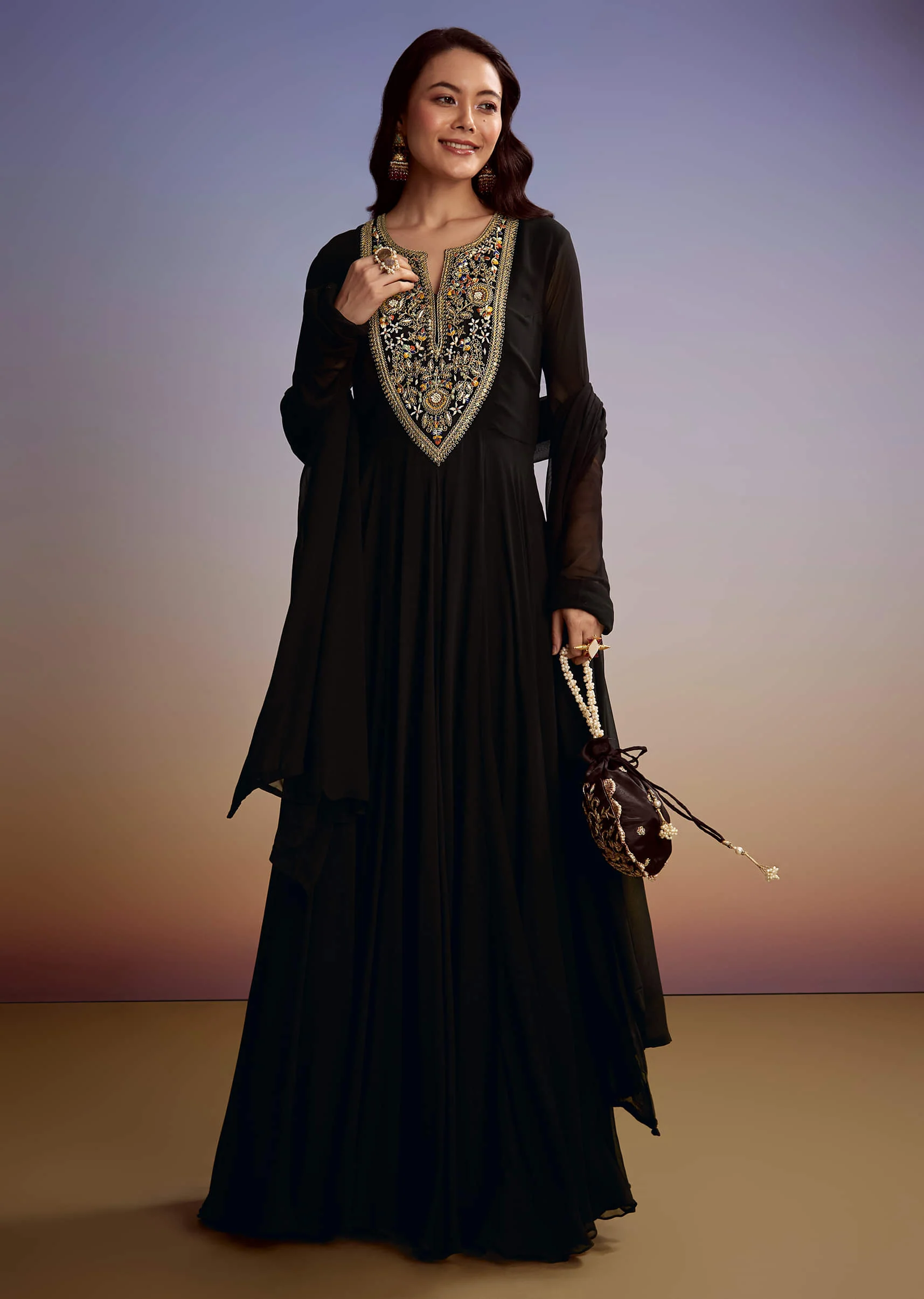 Black Georgette Anarkali Suit With Zari And Sequins Work - Image 6