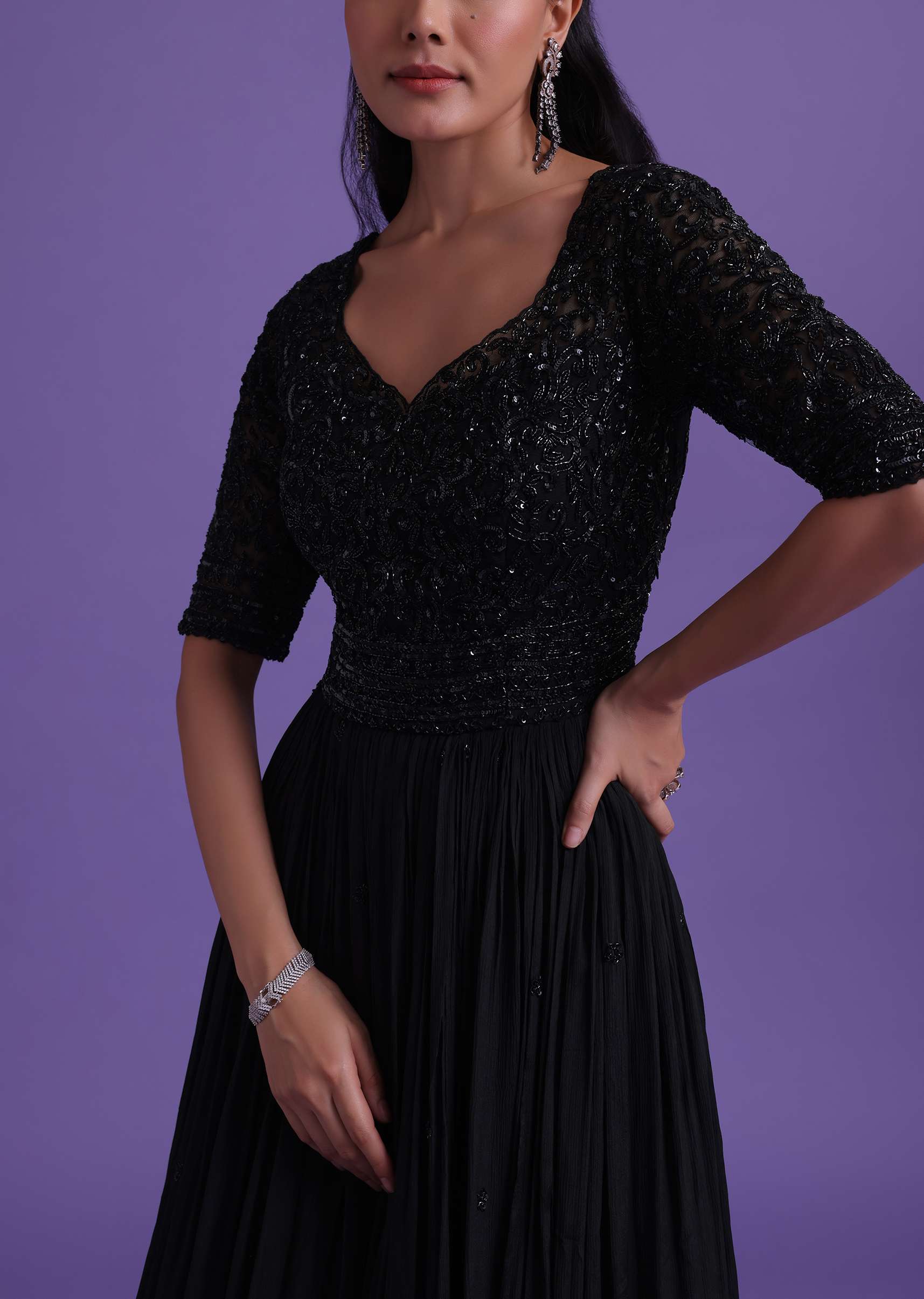 Black Gown In Chinon With Cut Dana, Beads, And Sequins Work - Image 6