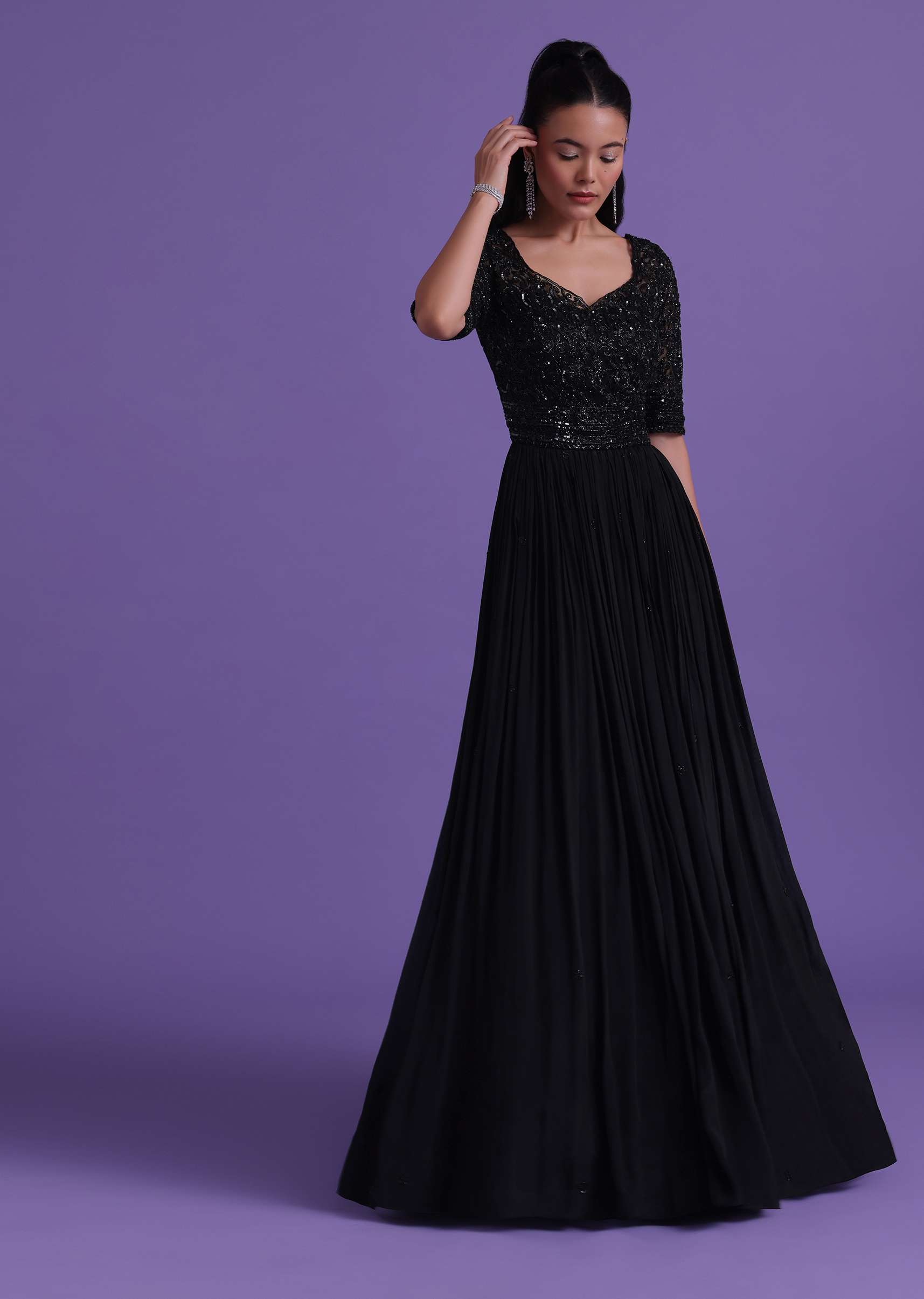 Black Gown In Chinon With Cut Dana, Beads, And Sequins Work - Image 8