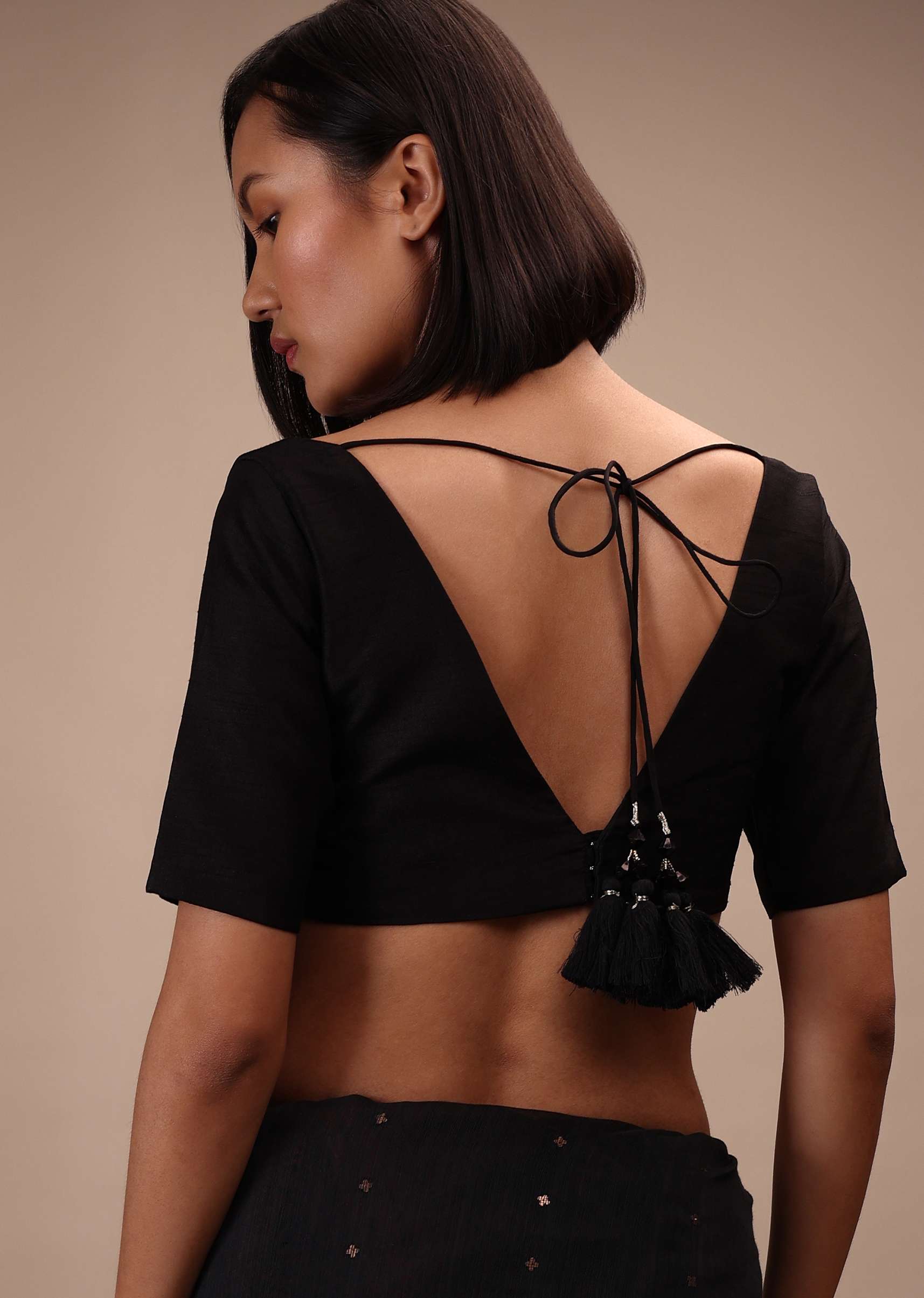 Black Half Sleeves Blouse In Curved V-Neckline Tie-Up Tassel Dori With Back Hook Closure - Image 2