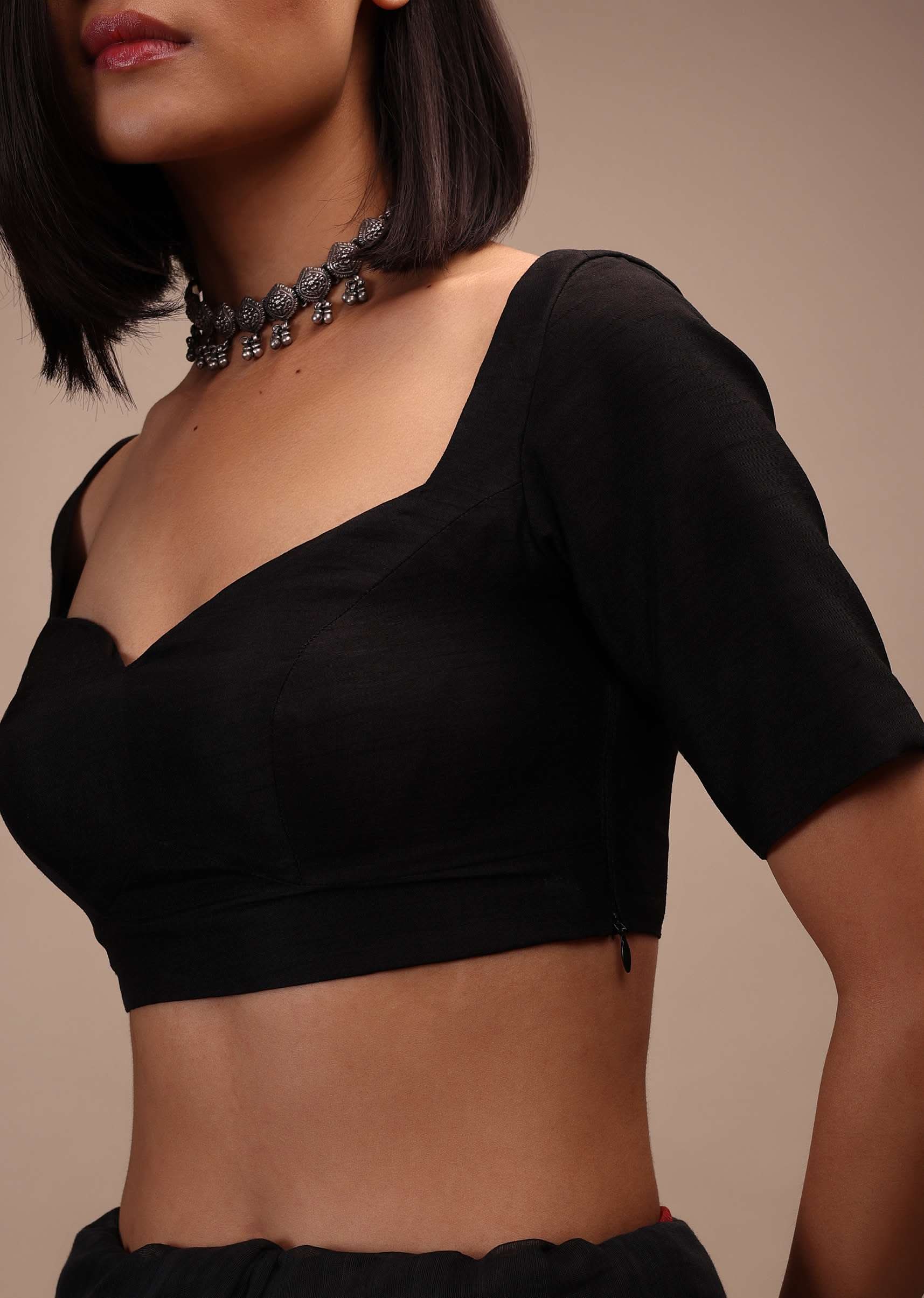 Black Half Sleeves Blouse Ina  Sweetheart Neckline  Straight Hemline With Back Zip Closure - Image 3