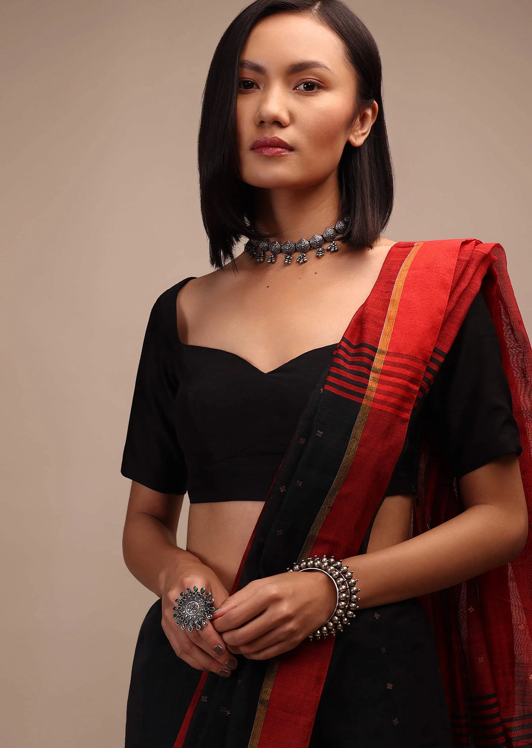 Black Half Sleeves Blouse Ina  Sweetheart Neckline  Straight Hemline With Back Zip Closure - Image 5