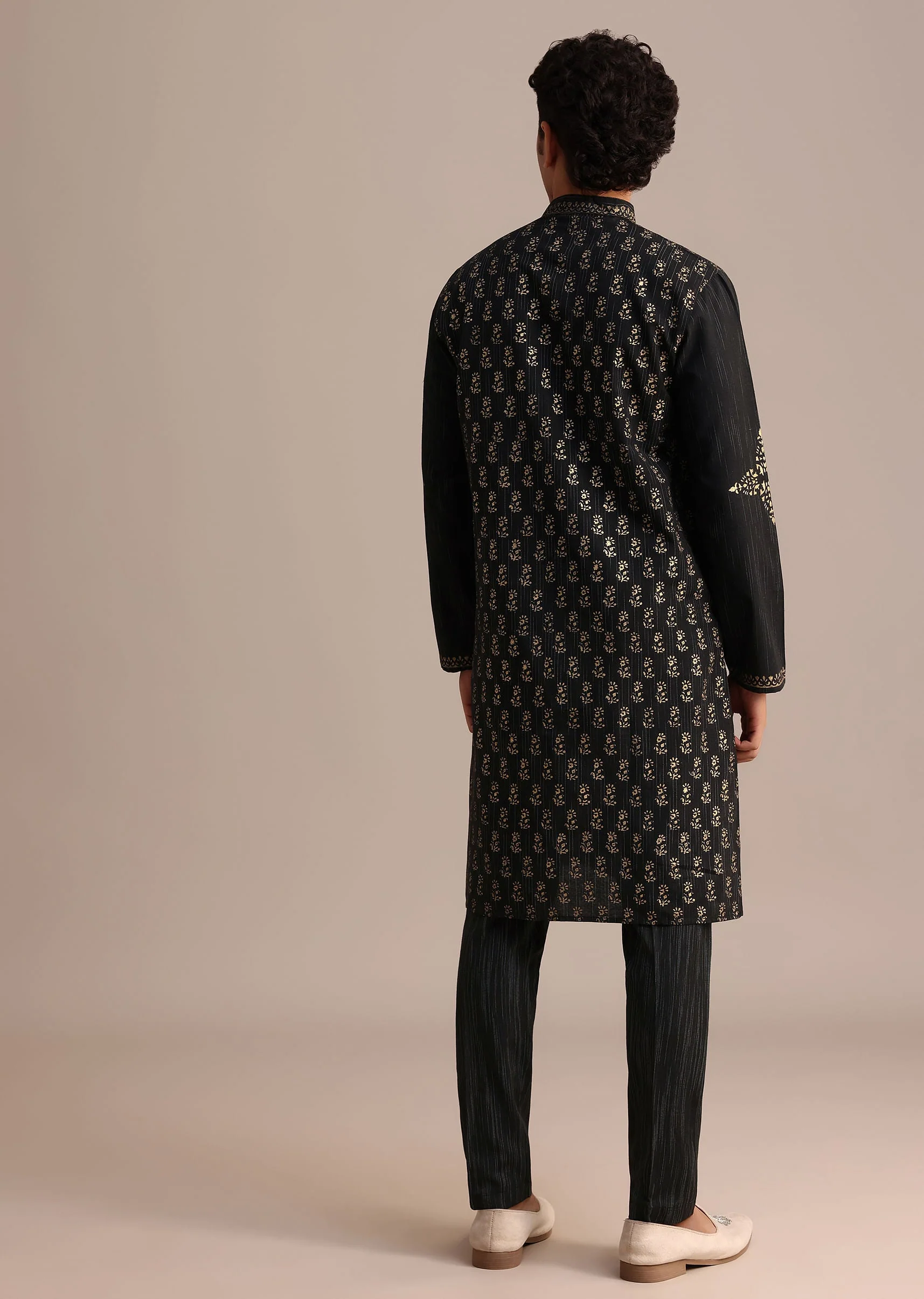 Black Hand Block Printed Foil Work Kurta Set - Image 6