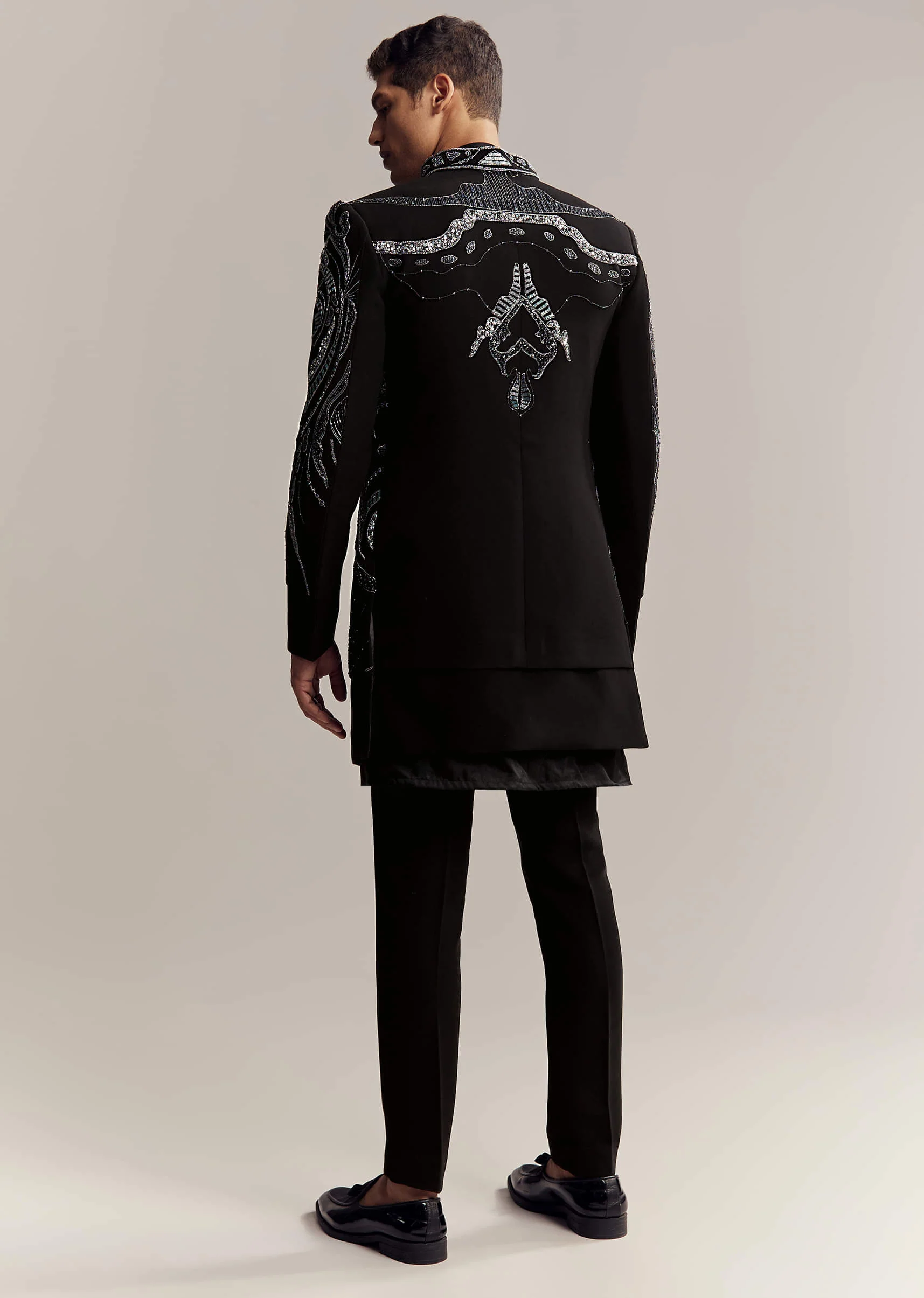 Black Imported Organza Indo Western For Men With Heavy Embroidery - Image 5
