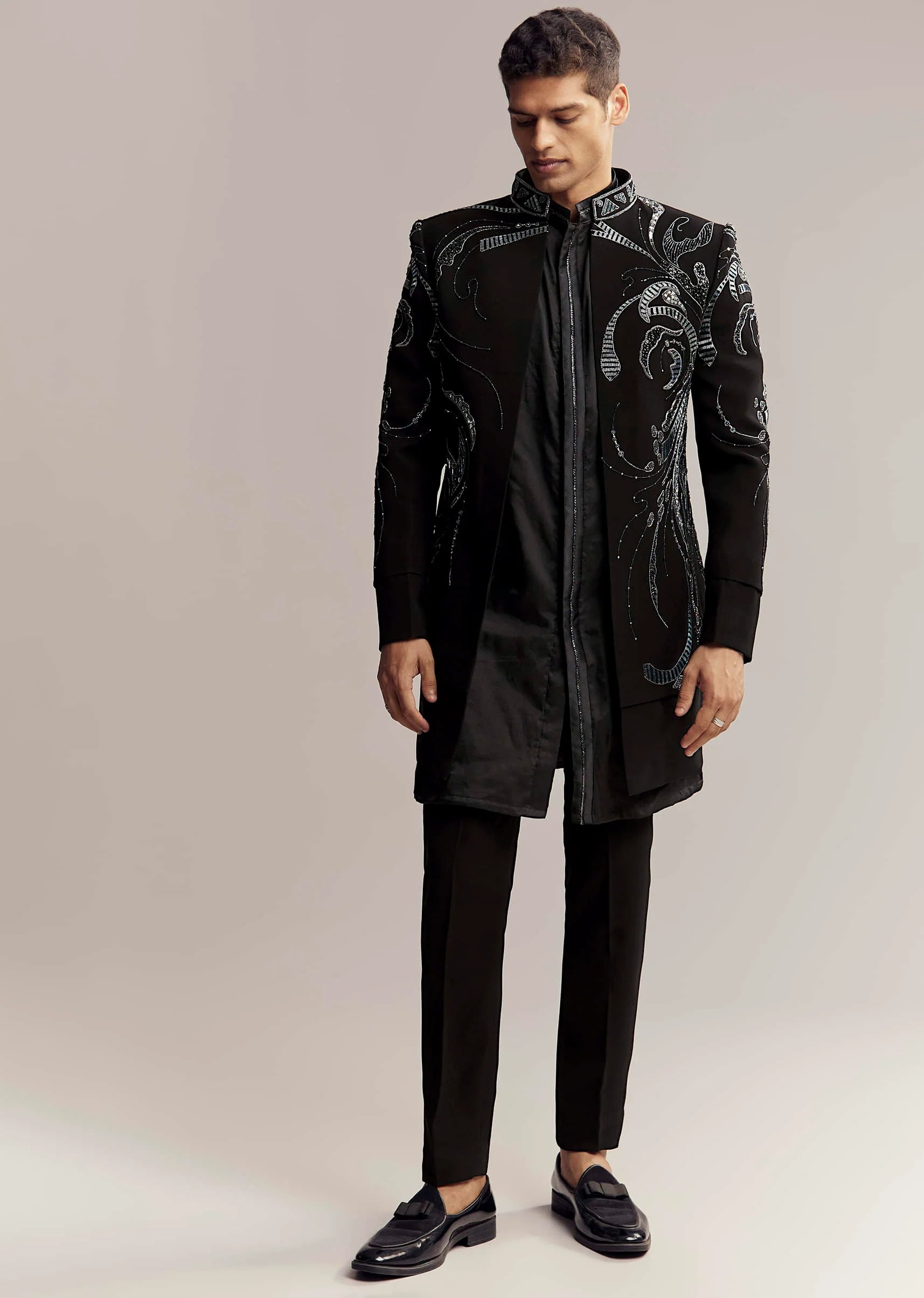 Black Imported Organza Indo Western For Men With Heavy Embroidery - Image 8