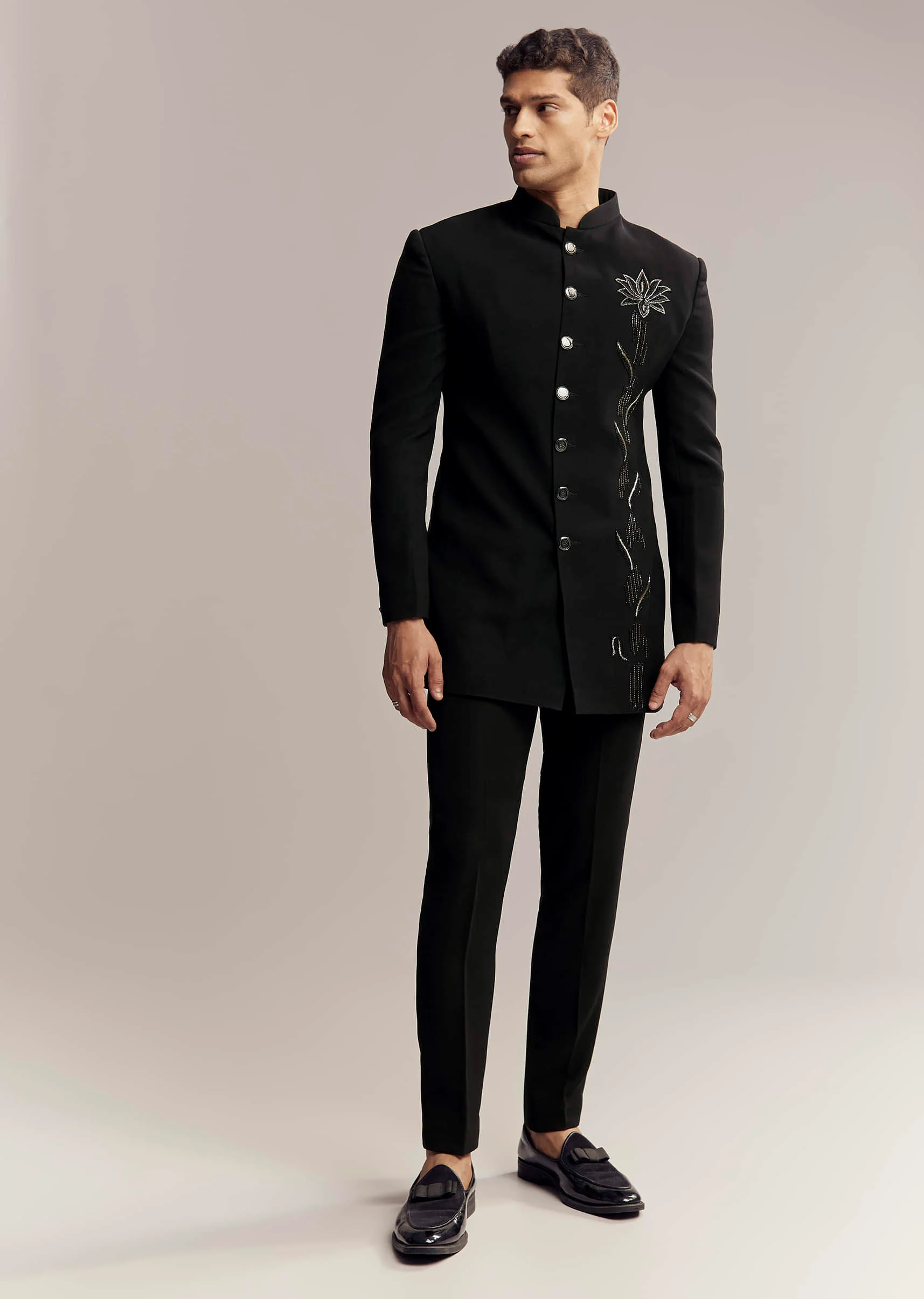 Black Indo Western For Men With Heavy Embroidery On Suiting Fabric - Image 7