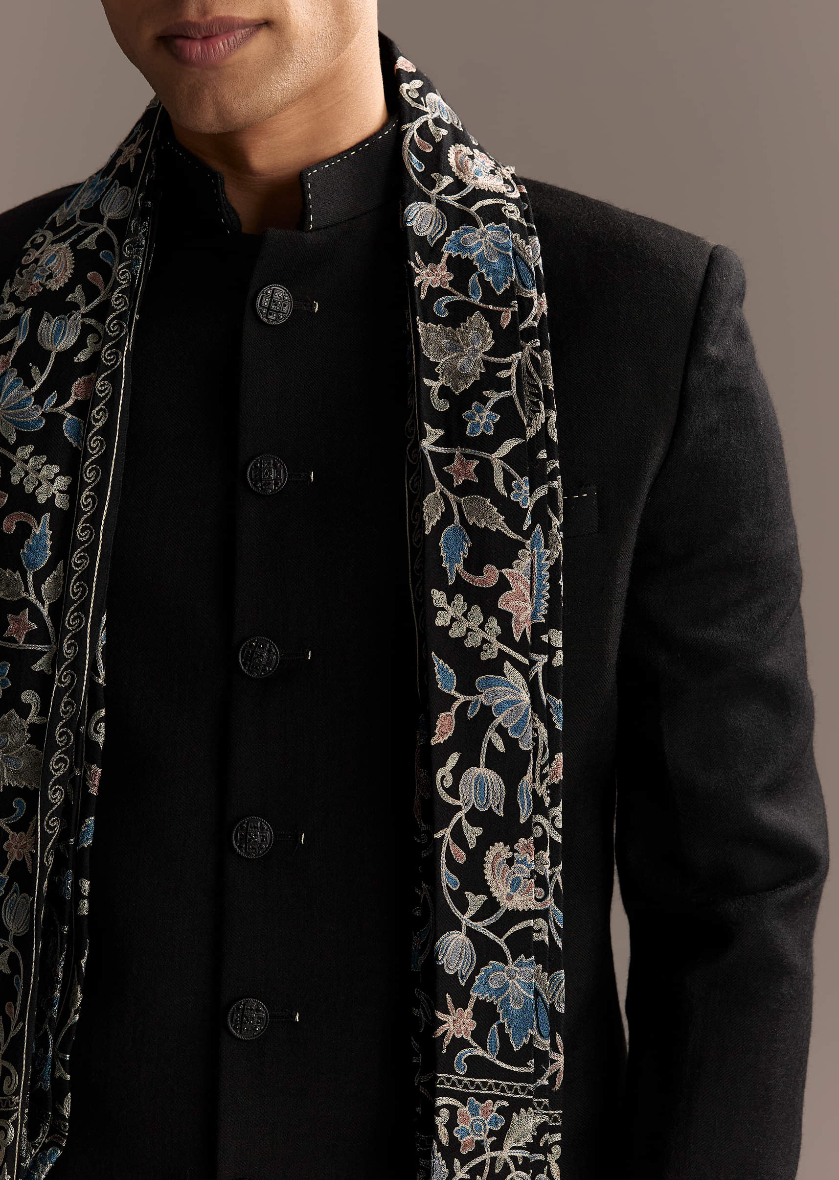 Black Jacquard Indo Western Set For Men With Embroidered Stole - Image 2