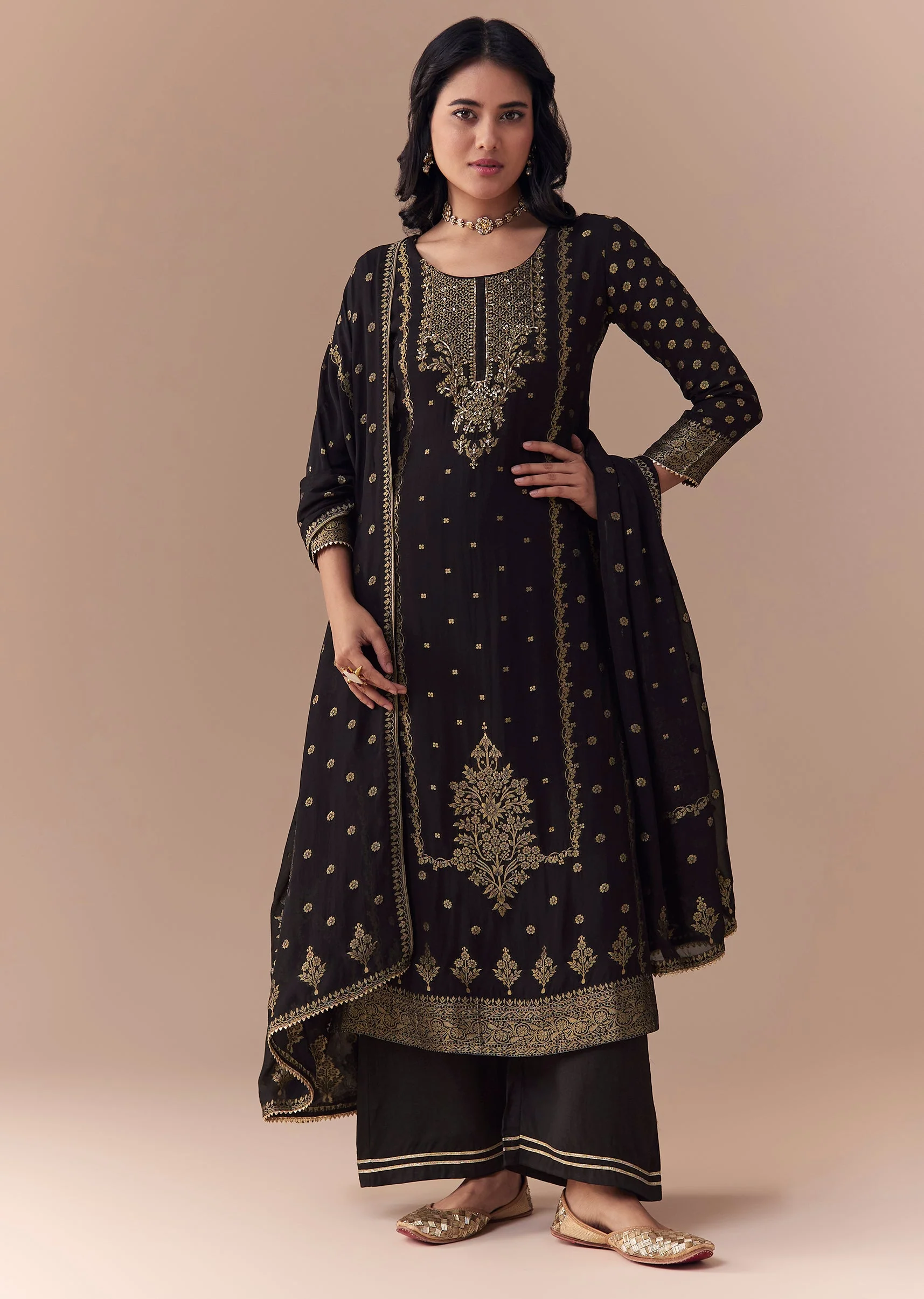 Black Jacquard Woven Gota Work Kurta Palazzo Set - Image 3